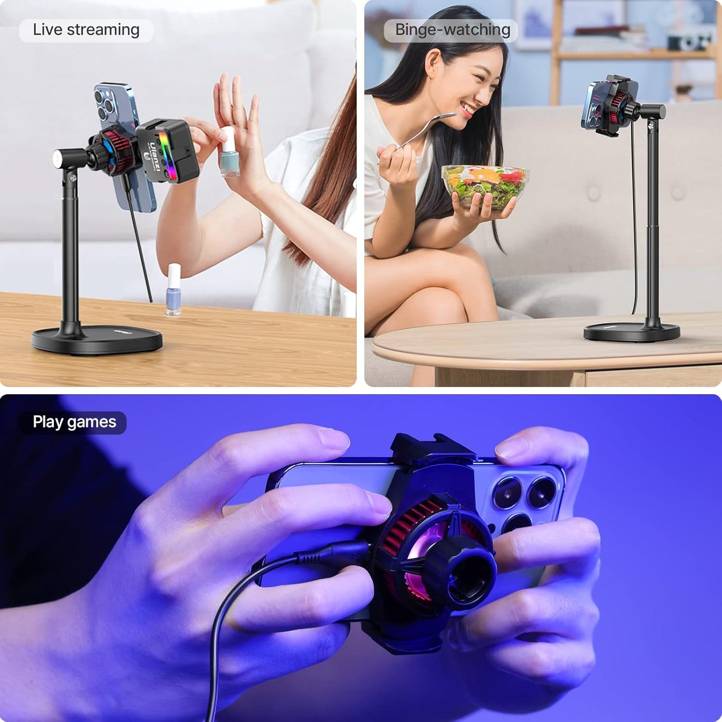 ULANZI SK-06 Cell Phone Cooler Phone Stand, Desktop Cell Phone Gaming Radiator with Cooling Device, Height Adjustable Phone Stand 2.56-3.49 inches iOS/Android Semiconductor Heatsink Cooling