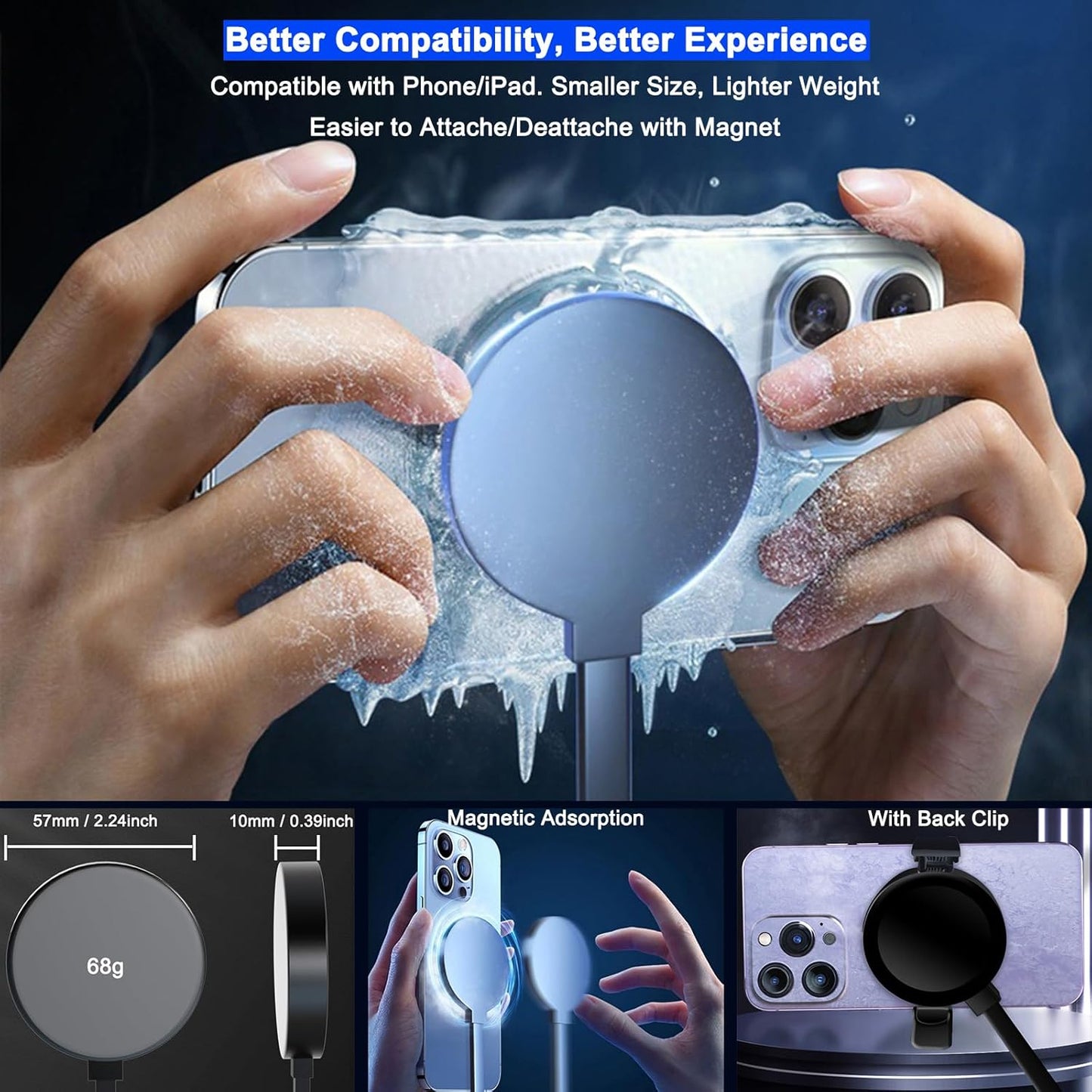 Phone Cooler for Gaming, Live Streaming, Freeze in 15s, Low Noise Cooling, Magnetic Cell Phone Radiator with Fast Liquid Cooling Semiconductor Heatsink for iPhone/Android/Tablet/iPad, Beyond Phone Fan