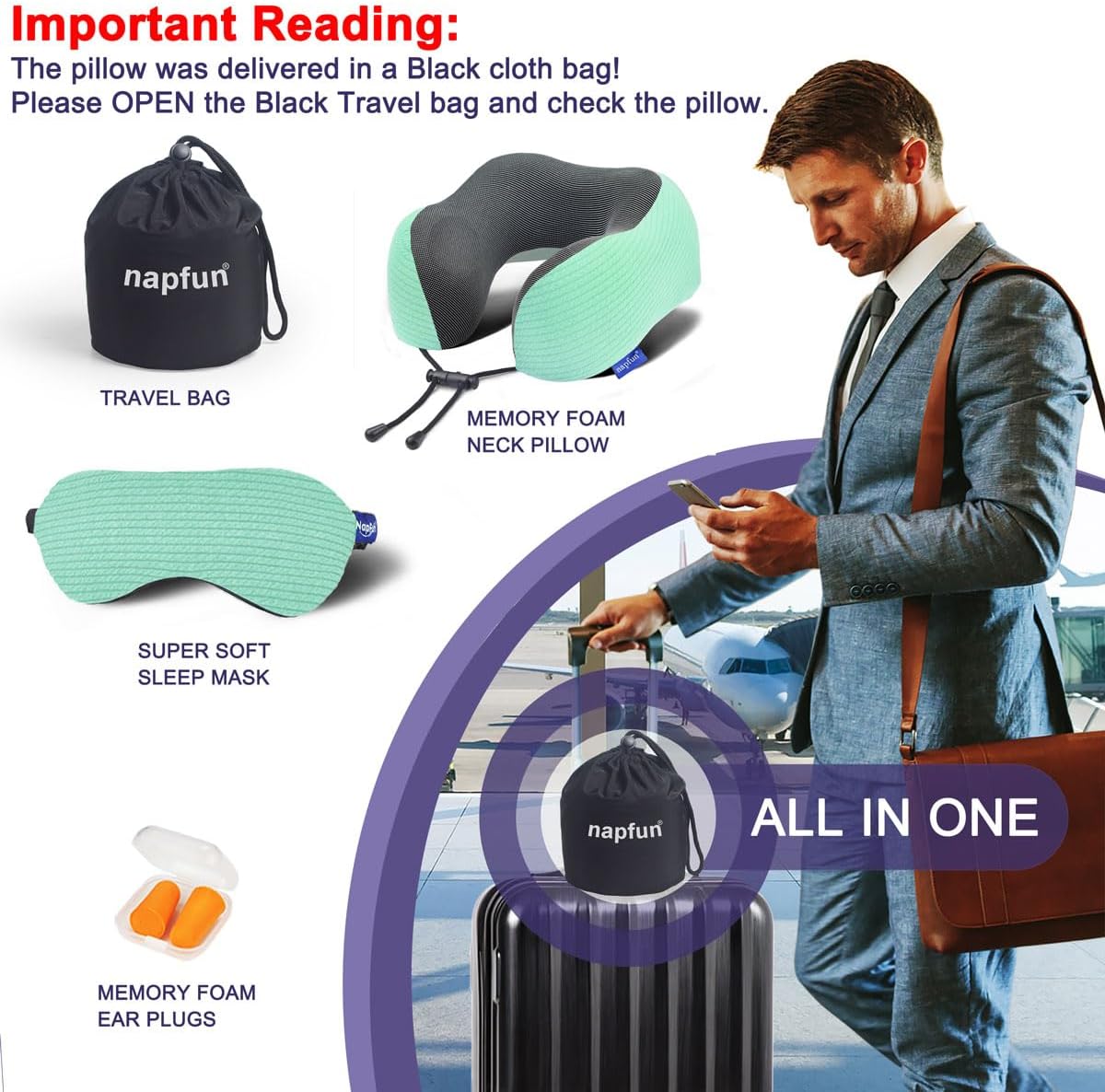 napfun Neck Pillow for Traveling, Upgraded Travel Neck Pillow for Airplane 100% Pure Memory Foam Travel Pillow for Flight Headrest Sleep, Portable Plane Accessories, Striped Black