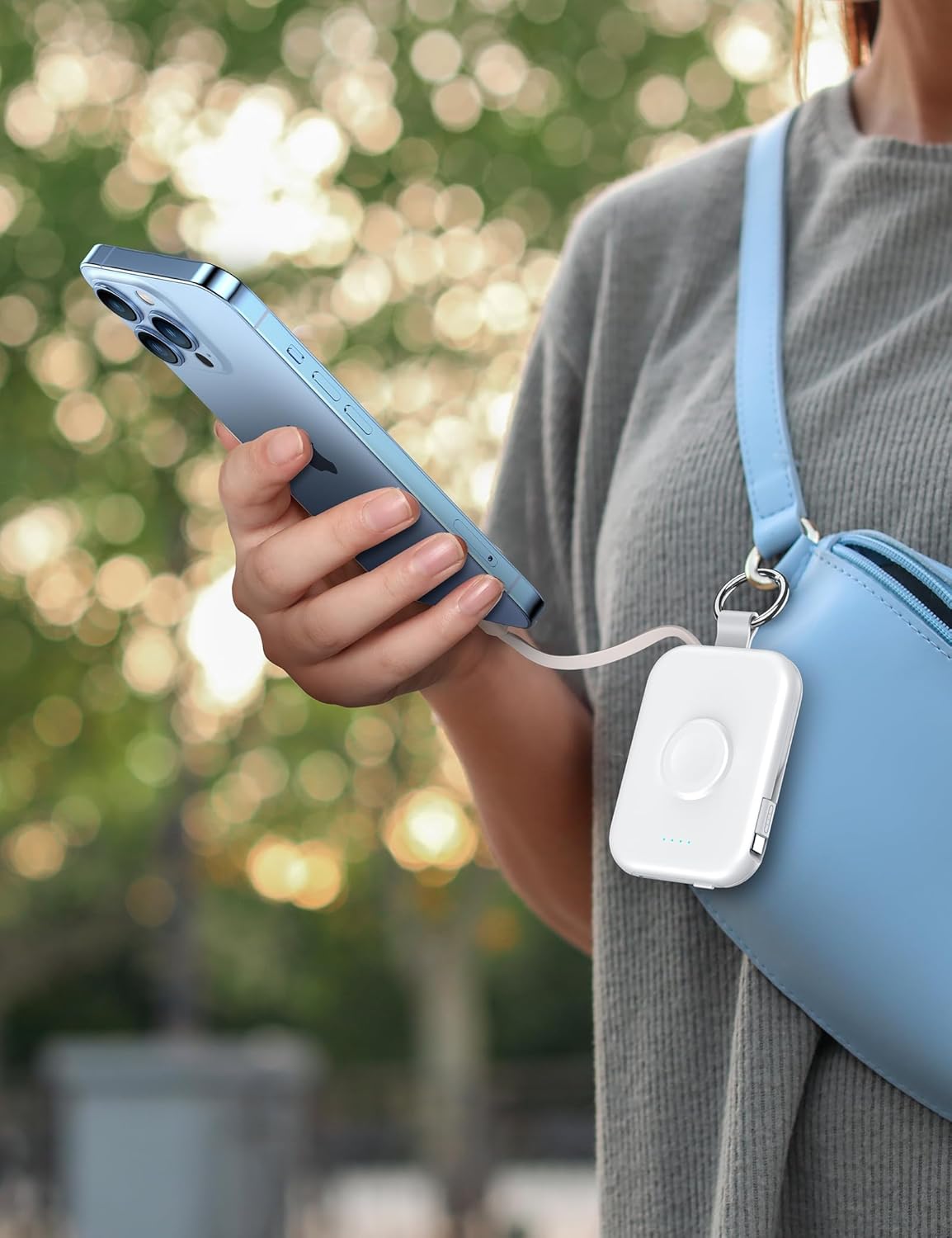 RORRY Portable Charger, 5000mAh Portable Charger Power Bank with Built-in Cables, Travel Keychain Battery Pack for Apple Watch Ultra 2/9/8/Ultra/7/6/SE/5, iPhone 16/15/14/13/12, Purple