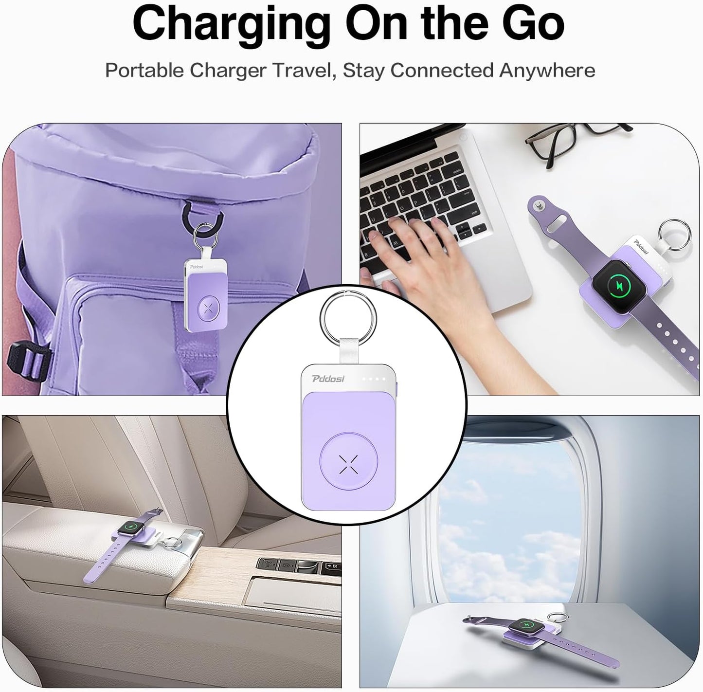 Pddosi Portable Wireless Charger Compatible for Apple Watch Series 10/9/8/UItra/7/6/5/4/3/2/SE, 1500mAh Portable iWatch Charger Travel, Magnetic Portable Watch Charger Keychain with USB C (Pink)