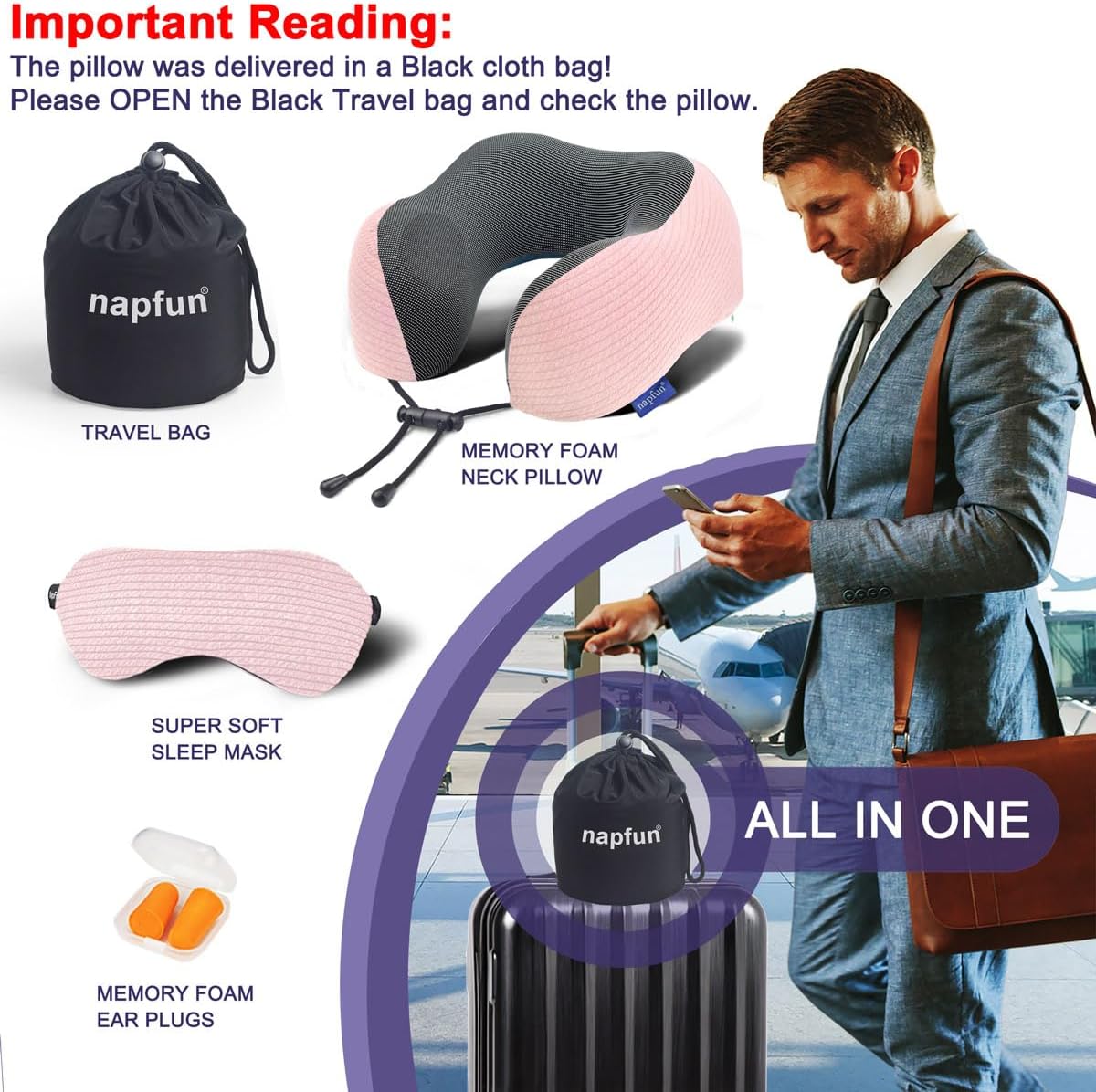 napfun Neck Pillow for Traveling, Upgraded Travel Neck Pillow for Airplane 100% Pure Memory Foam Travel Pillow for Flight Headrest Sleep, Portable Plane Accessories, Striped Black