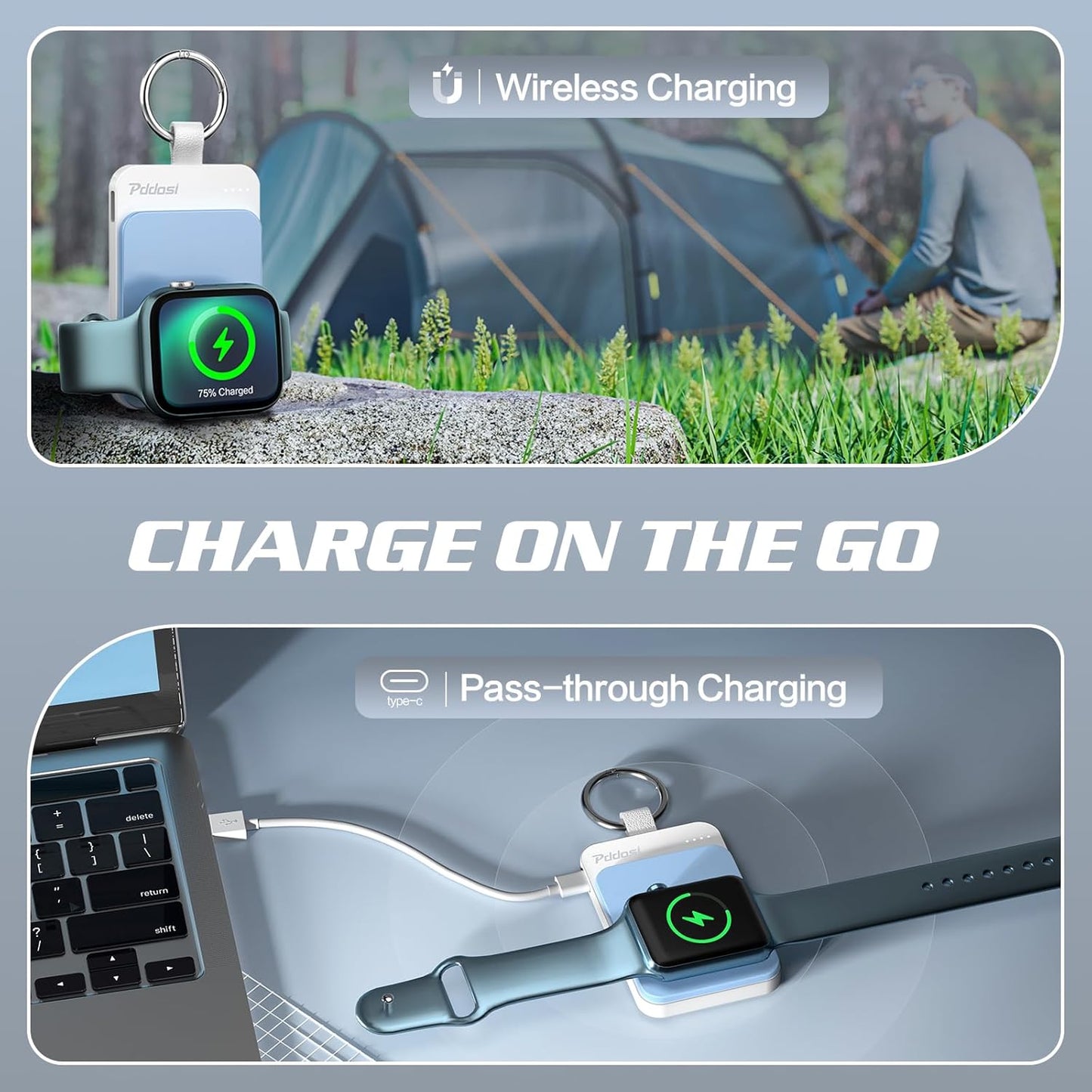 Pddosi Portable Wireless Charger Compatible for Apple Watch Series 10/9/8/UItra/7/6/5/4/3/2/SE, 1500mAh Portable iWatch Charger Travel, Magnetic Portable Watch Charger Keychain with USB C (Pink)