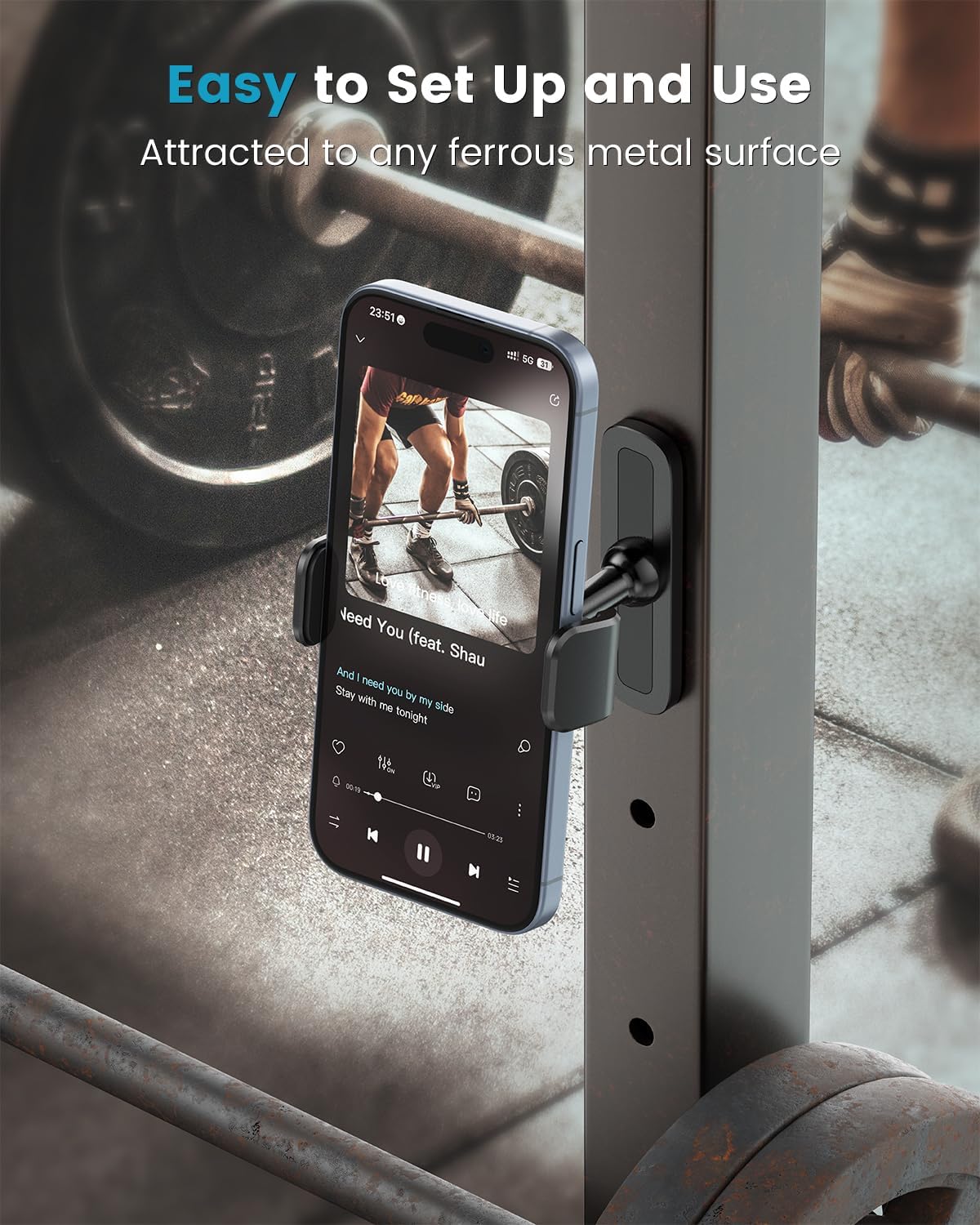 APPS2Car Gym Magnetic Phone Holder, 360 Adjustable, Compatible with 4.7-6.5&#34; Smartphones, Alloy Base and Joint, Black