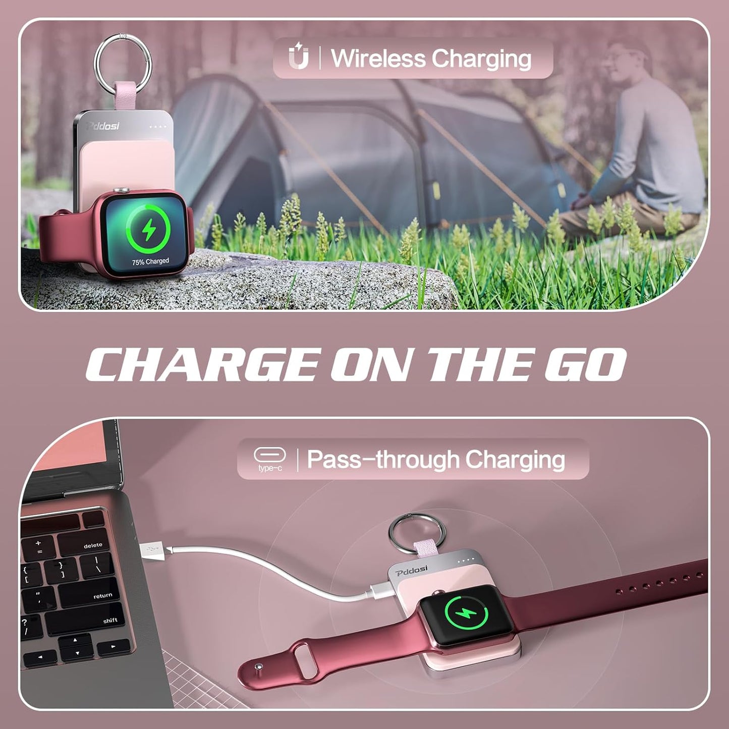 Pddosi Portable Wireless Charger Compatible for Apple Watch Series 10/9/8/UItra/7/6/5/4/3/2/SE, 1500mAh Portable iWatch Charger Travel, Magnetic Portable Watch Charger Keychain with USB C (Pink)