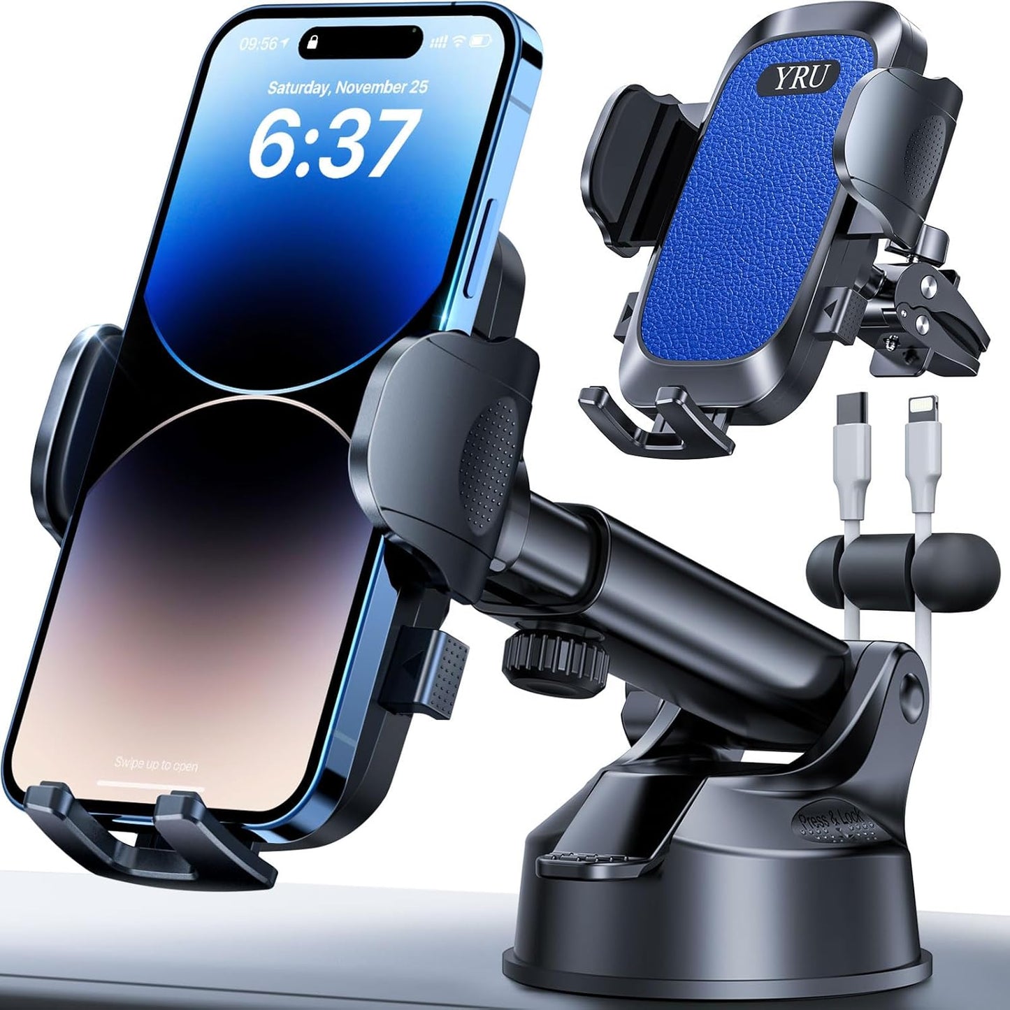 [2024 Upgrade 80LBS Strong Suction]YRU Car Phone Holder Mount,[Bumpy Road Stable]Dashboard Cell Phone Holder for Car Air Vent Windshield Phone Stand for iPhone 15 14 13 12 Pro Max Samsung Truck, Black