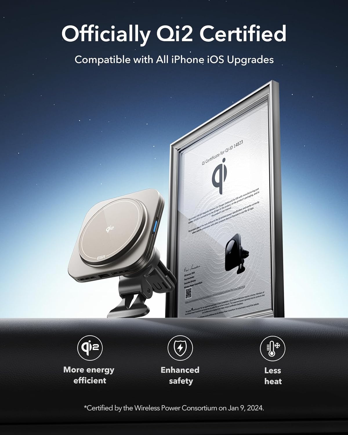 ESR for Qi2-Certified 15W MagSafe Car Mount Charger with CryoBoost, Phone Cooling MagSafe Car Charger, Air Vent/Dashboard Wireless Car Charger for iPhone 16/15/14/13/12, Fast Charger, Black