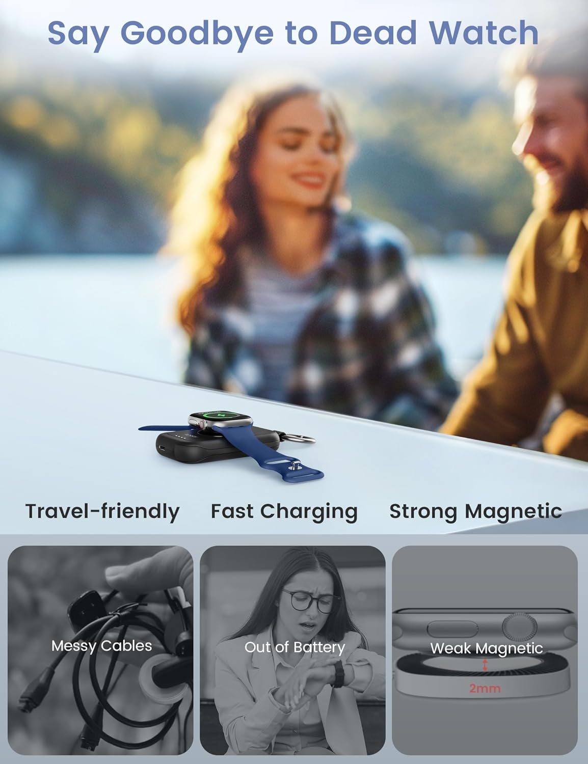 RORRY Charger for Apple Watch Series 9, 2500mAh Fast Charging Portable Charger for iWatch, Travel Charger with Built-in USB C Cable for Apple Watch Ultra Series 9 8 7 6 5 4 3 2 SE Accessories, Pink