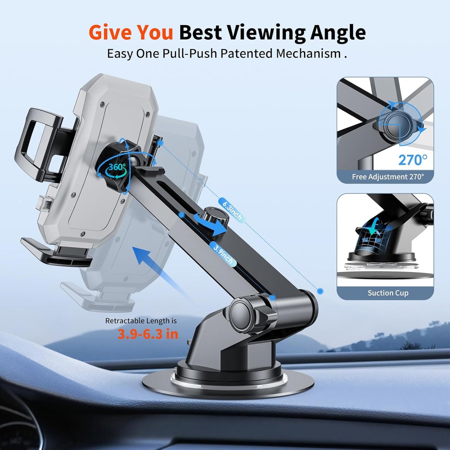 SUUSON Upgraded 3-in-1 Car Phone Holder Mount [Powerful Suction] Phone Mount for Car Dashboard Air Vent Windshield,for All iPhone Android Phone (Black)