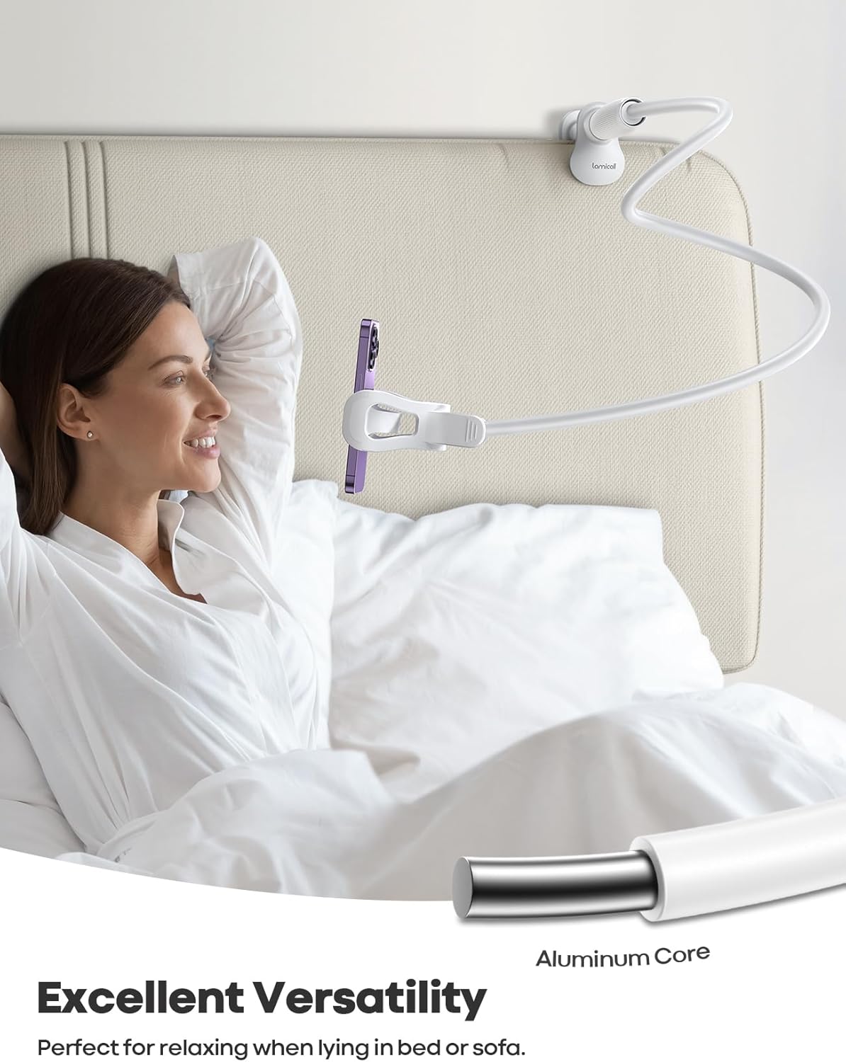 Lamicall Gooseneck Phone Holder for Bed - [Upgraded Stable Clip] for Desk, Headboard, Bed, Bedside, Table, Flexible Gooseneck Long Arm Stand, Overhead Cell Phone Clamp Mount, for All 4-7” Devices