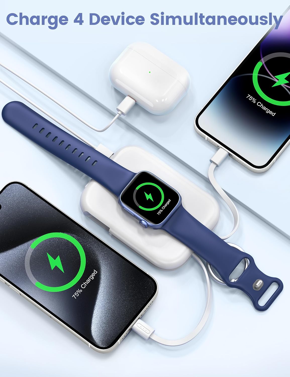 RORRY Portable Charger, 5000mAh Portable Charger Power Bank with Built-in Cables, Travel Keychain Battery Pack for Apple Watch Ultra 2/9/8/Ultra/7/6/SE/5, iPhone 16/15/14/13/12, Purple