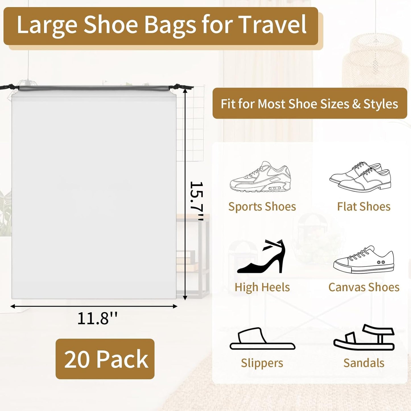 20 Pack Shoe Bags for Travel, 15.7&#34; x 11.8&#34; Clear Travel Shoe Bags for Packing, Large Waterproof Portable Drawstring Travel Shoe Storage Bag Travel Essentials Women for and Men