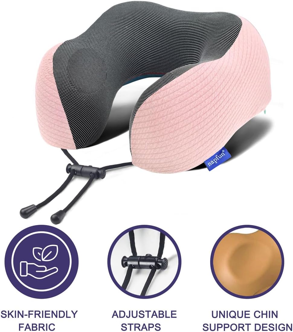 napfun Neck Pillow for Traveling, Upgraded Travel Neck Pillow for Airplane 100% Pure Memory Foam Travel Pillow for Flight Headrest Sleep, Portable Plane Accessories, Striped Black