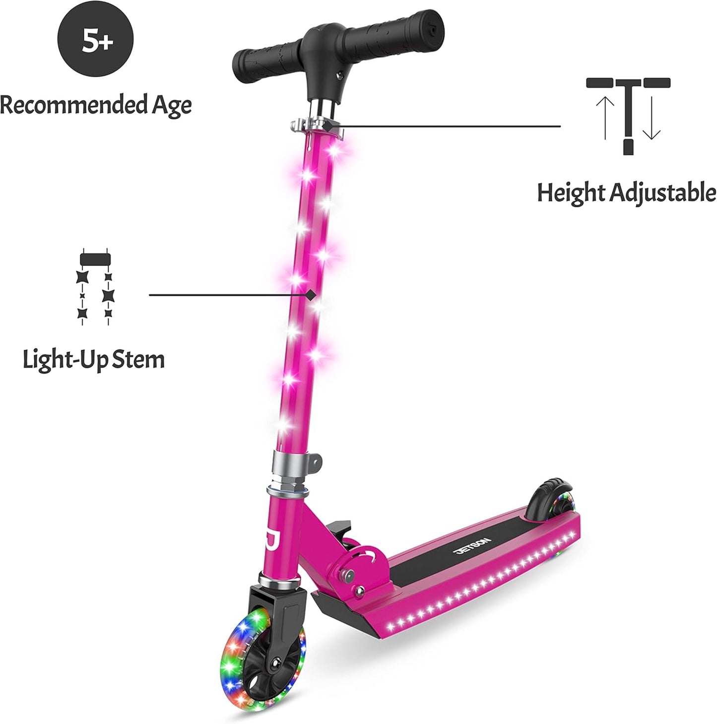 Jetson 2-Wheel Light-Up Kick Scooter, Light Up Deck and Wheels, Height Adjustable Handlebar, Rear Brake, Easy-Folding Mechanism, 4 or 6 inch wheels
