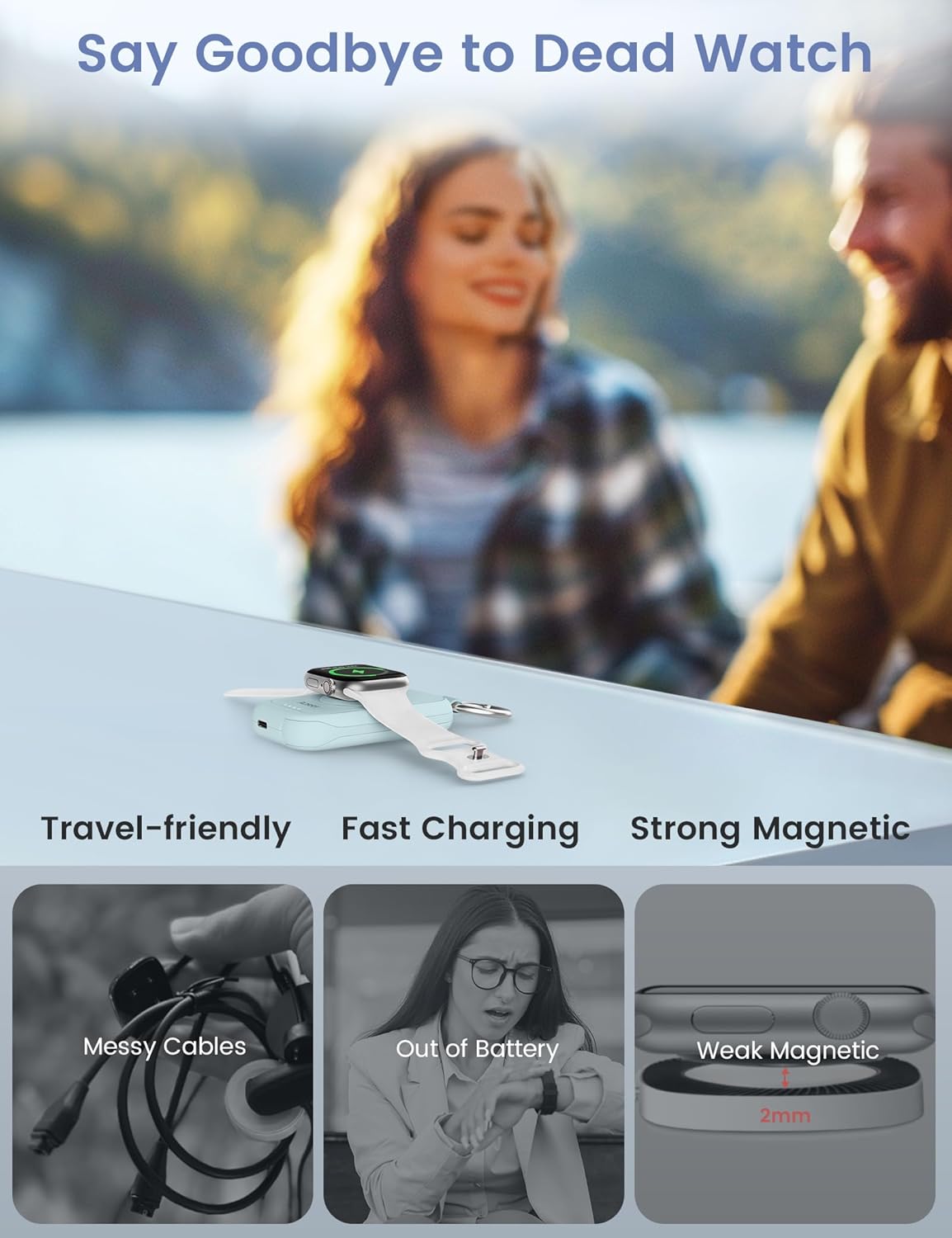 RORRY Charger for Apple Watch Series 9, 2500mAh Fast Charging Portable Charger for iWatch, Travel Charger with Built-in USB C Cable for Apple Watch Ultra Series 9 8 7 6 5 4 3 2 SE Accessories, Pink