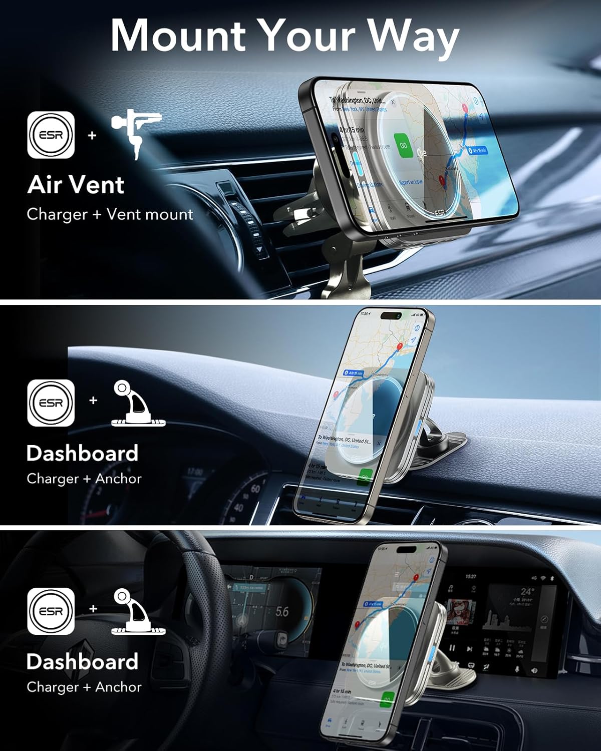 ESR for Qi2-Certified 15W MagSafe Car Mount Charger with CryoBoost, Phone Cooling MagSafe Car Charger, Air Vent/Dashboard Wireless Car Charger for iPhone 16/15/14/13/12, Fast Charger, Black