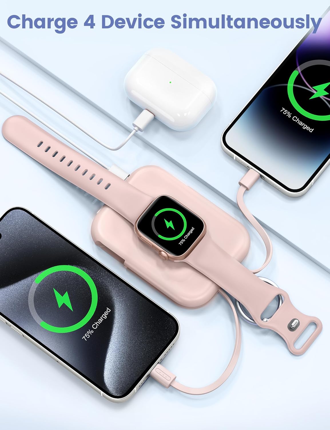 RORRY Portable Charger, 5000mAh Portable Charger Power Bank with Built-in Cables, Travel Keychain Battery Pack for Apple Watch Ultra 2/9/8/Ultra/7/6/SE/5, iPhone 16/15/14/13/12, Purple