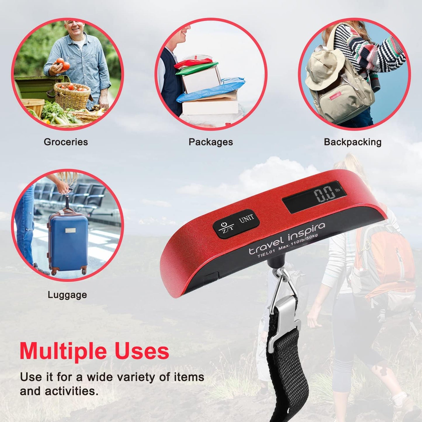 travel inspira Luggage Scale, Portable Digital Hanging Baggage Scale for Travel, Suitcase Weight Scale with Rubber Paint, 110 Pounds, Battery Included