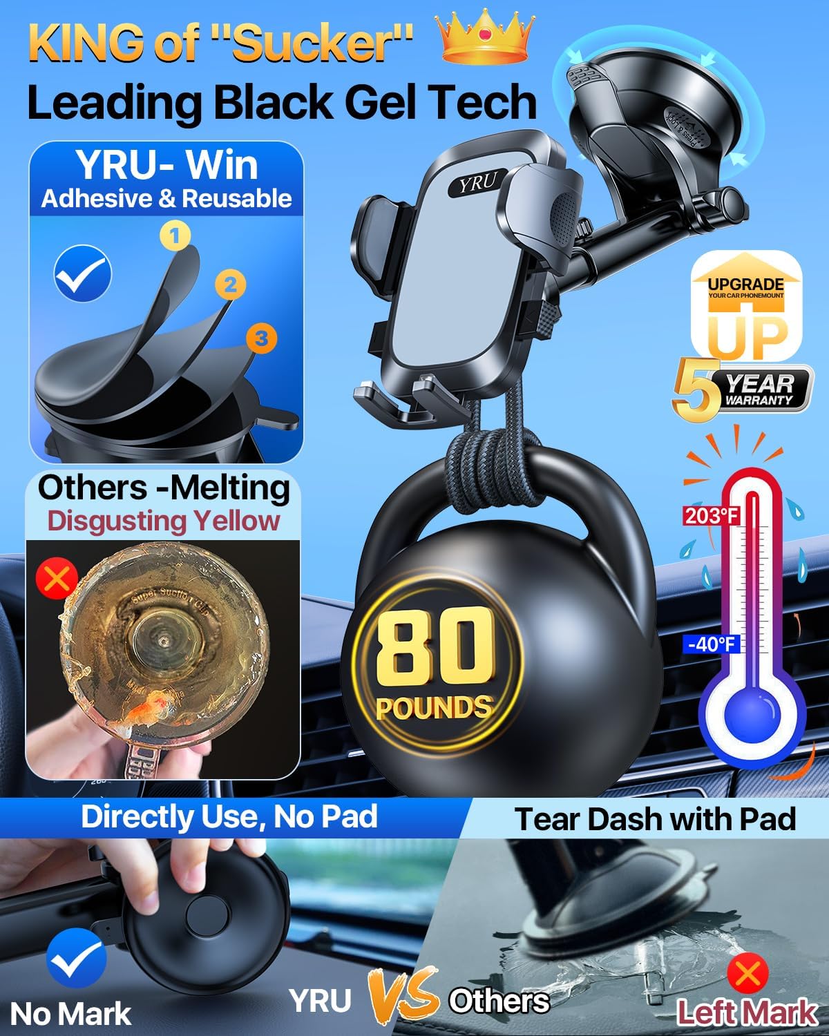 [2024 Upgrade 80LBS Strong Suction]YRU Car Phone Holder Mount,[Bumpy Road Stable]Dashboard Cell Phone Holder for Car Air Vent Windshield Phone Stand for iPhone 15 14 13 12 Pro Max Samsung Truck, Black