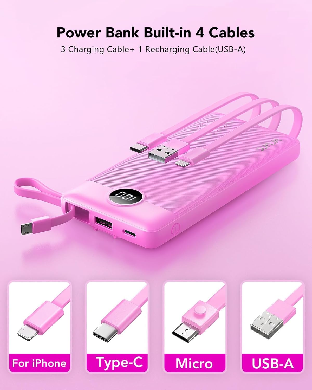 VRURC 10000mAh Power Bank Built-in Cables, Portable Charger with LED Display, Slim Travel Battery Pack with Cords, 5 Output Dual Input Phone Charger for Cell Phone Smart Devcies-Blue(1 Pack)