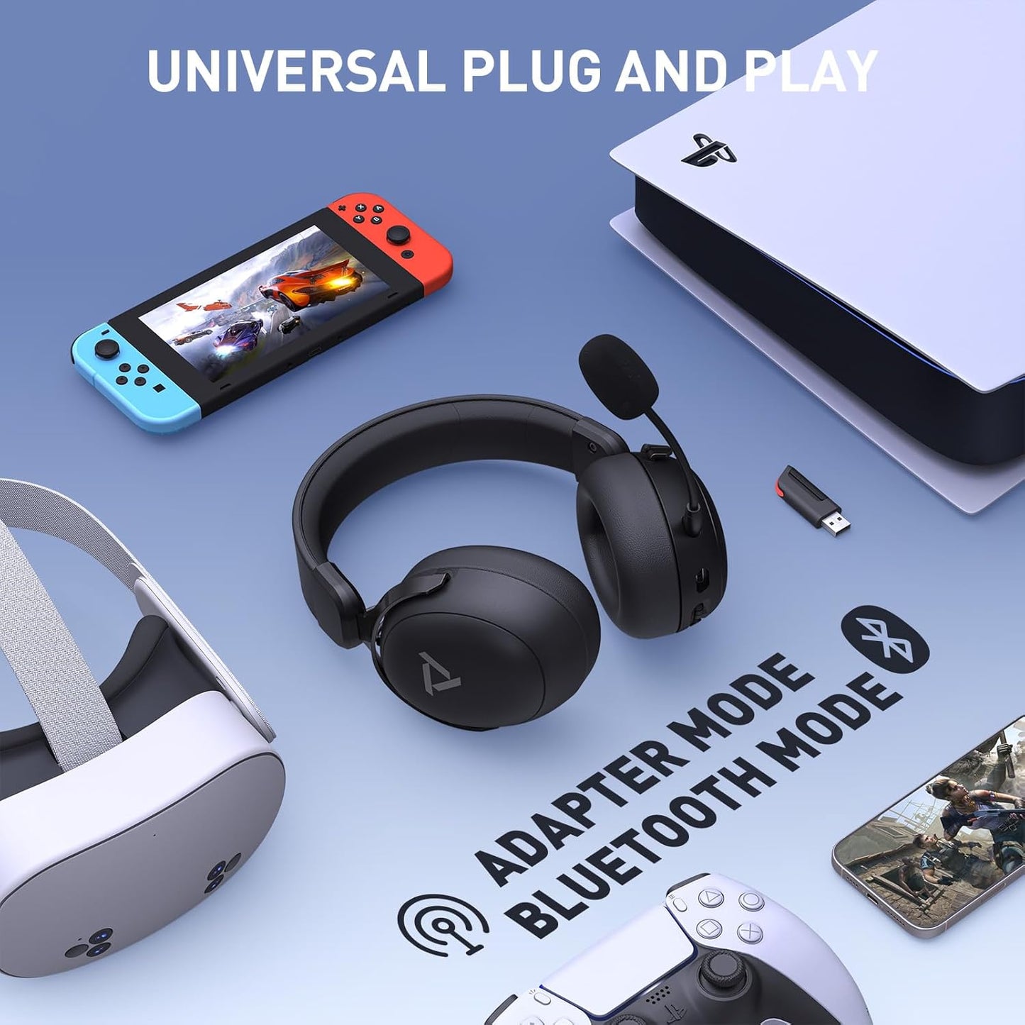 PRISMXR Wireless Gaming Headset Compatible with Quest 3S/3/2, PS5/4, PC, up to 80-hr Battery, 2.4Ghz USB Gaming Headphones with Bluetooth, 7.1 Virtual Surround Sound – Vega Q1