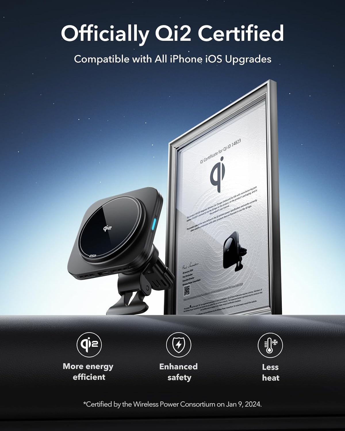 ESR for Qi2-Certified 15W MagSafe Car Mount Charger with CryoBoost, Phone Cooling MagSafe Car Charger, Air Vent/Dashboard Wireless Car Charger for iPhone 16/15/14/13/12, Fast Charger, Black