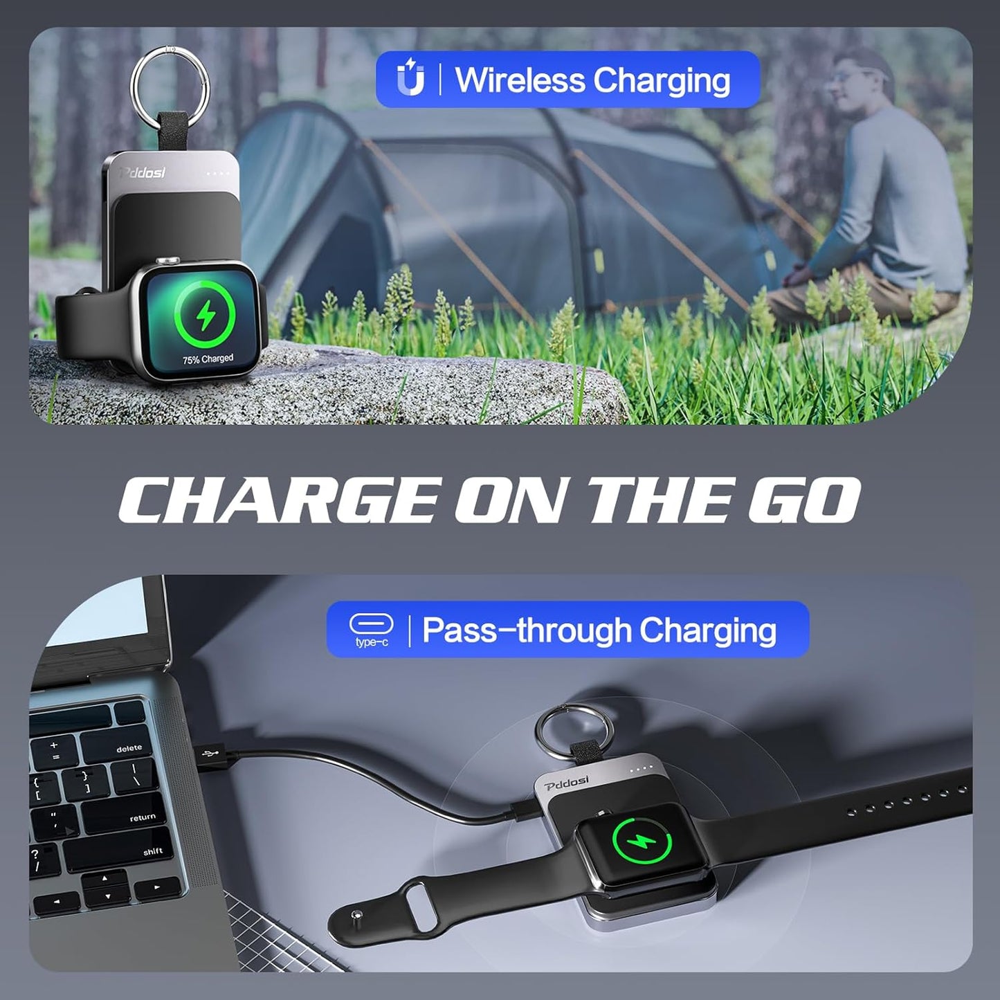 Pddosi Portable Wireless Charger Compatible for Apple Watch Series 10/9/8/UItra/7/6/5/4/3/2/SE, 1500mAh Portable iWatch Charger Travel, Magnetic Portable Watch Charger Keychain with USB C (Pink)