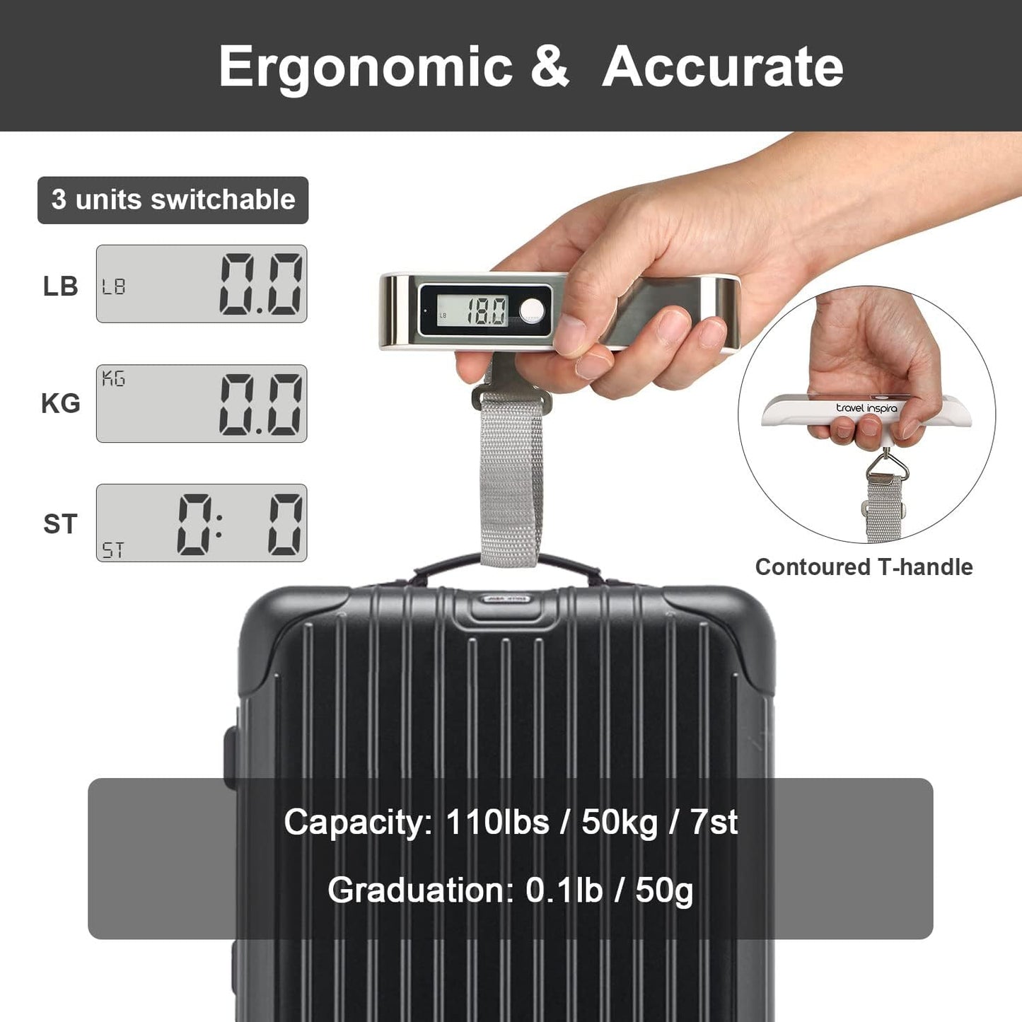 travel inspira Luggage Scale, Portable Digital Hanging Baggage Scale for Travel, Suitcase Weight Scale with Rubber Paint, 110 Pounds, Battery Included