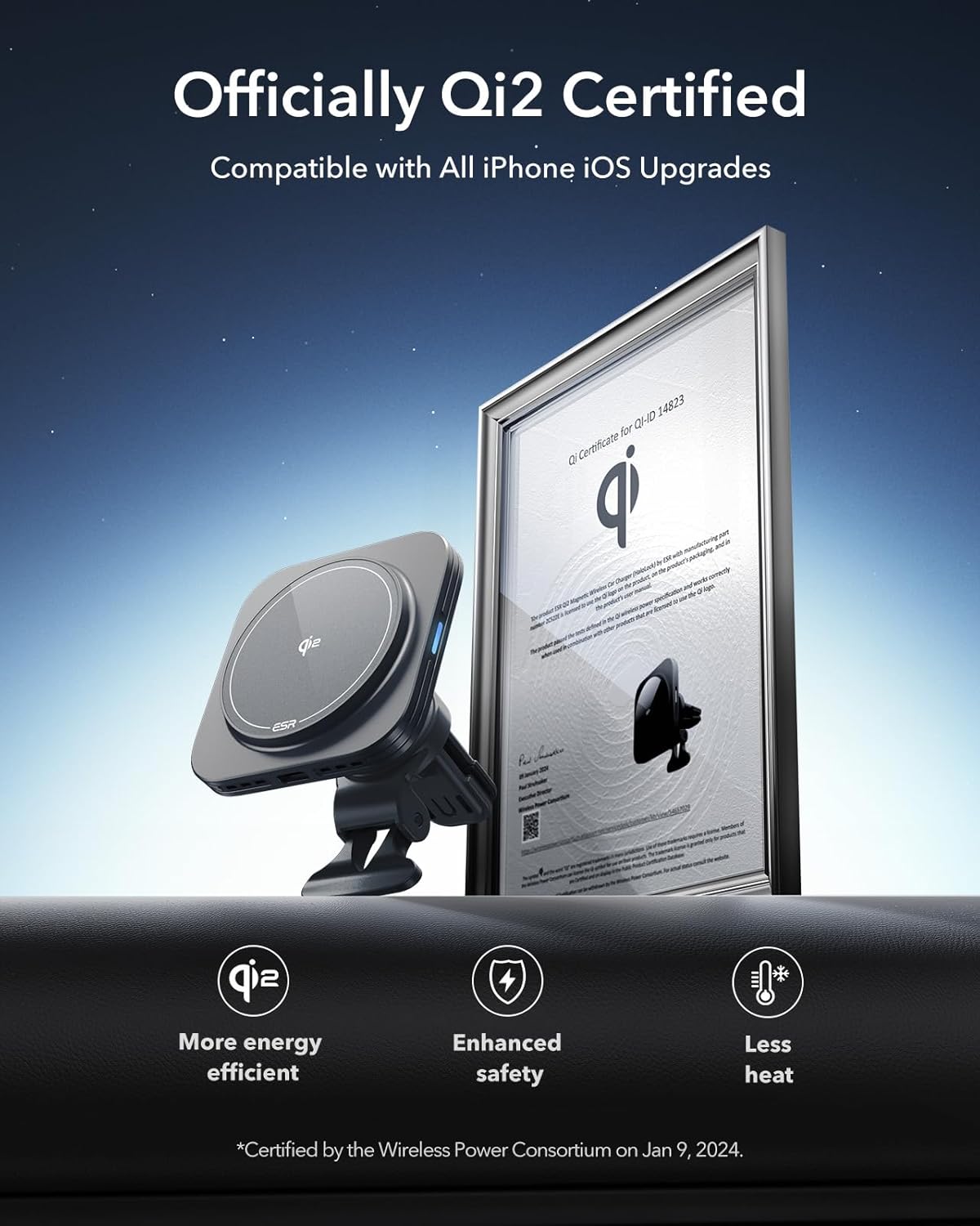ESR for Qi2-Certified 15W MagSafe Car Mount Charger with CryoBoost, Phone Cooling MagSafe Car Charger, Air Vent/Dashboard Wireless Car Charger for iPhone 16/15/14/13/12, Fast Charger, Black