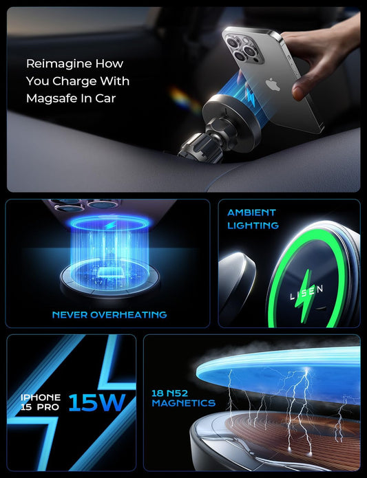 LISEN for Qi2 (2nd Generation) 15W Super Fast MagSafe Car Mount Charger,iPhone Magnetic Wireless Car Charger,MagSafe Charging Mount Wireless for All Car Fits iPhone 16 15 14 13 12 Series