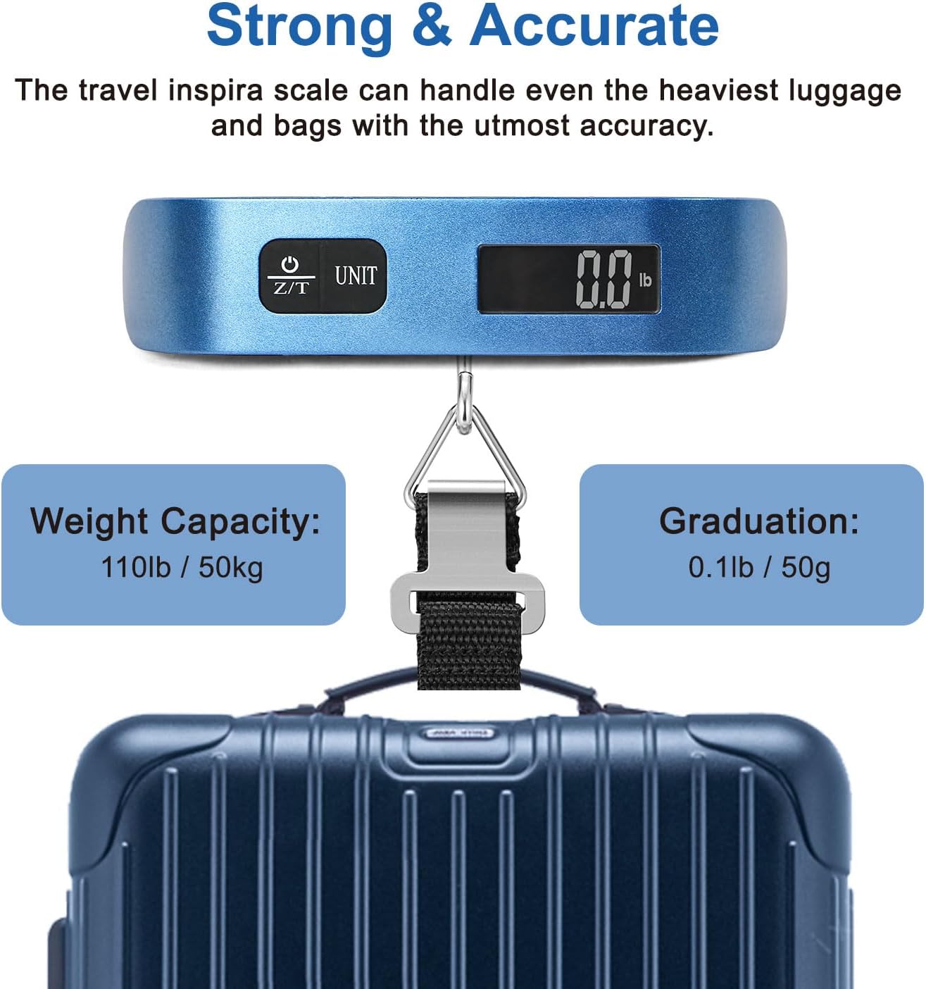 travel inspira Luggage Scale, Portable Digital Hanging Baggage Scale for Travel, Suitcase Weight Scale with Rubber Paint, 110 Pounds, Battery Included