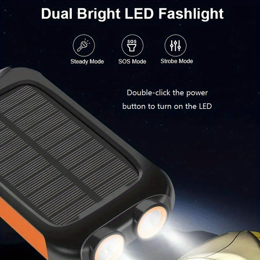 Solar Power Bank: Portable Charger with Dual LED Flashlights, USB Input/Output & Waterproof Solar Panel