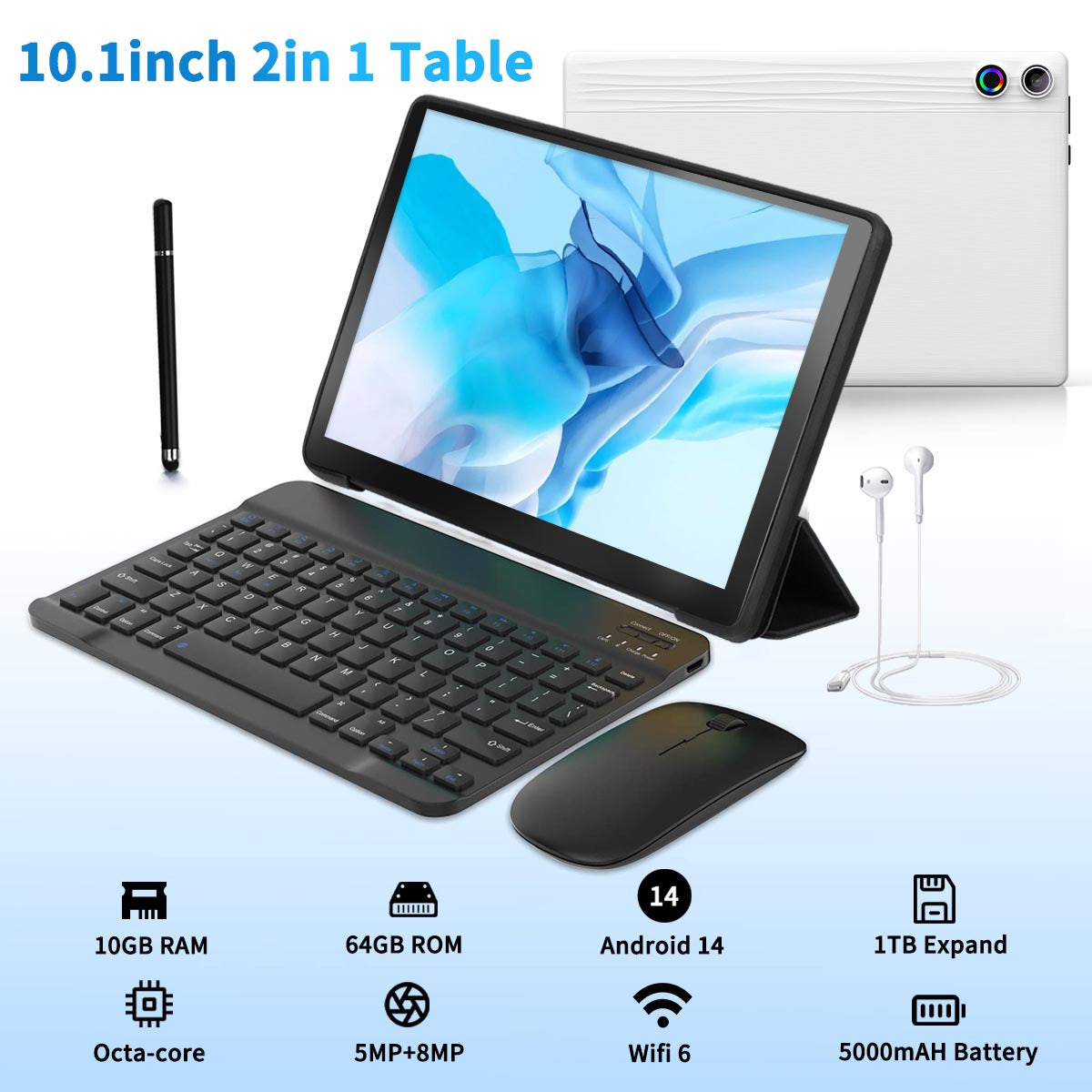 AEEZO Face Recognition Supported 2-in-1 Tablet With Wireless Keyboard, 10.1-inch, Android 14 Tablet, Octa-Core, 10GB RAM (3 7), 64GB Storage, 1TB TF Expansion, 1280x800 HD, 5, 000mAh, Dual Cameras (5MP 8MP), With Wired Headset, Wireless Mouse, Keyboard,