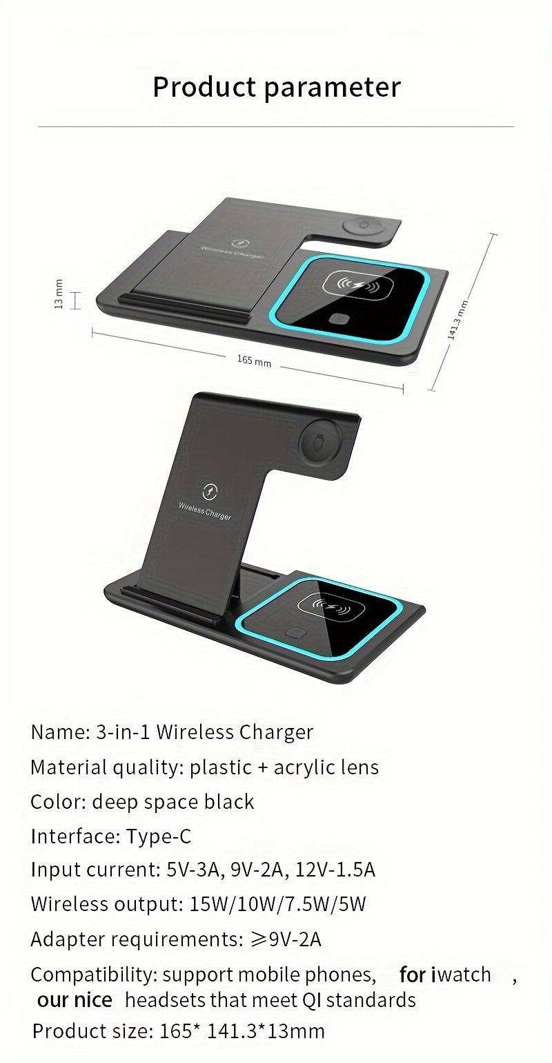 TIMESS 3-in-1 Wireless Charging Station, for iPhone 16, 15, 14,13,12,11/Pro/Max/Mini/Plus, X, XR, XS/Max, SE, 8/Plus, for Apple Watch 1-9, for Airpods 3/2/Pro