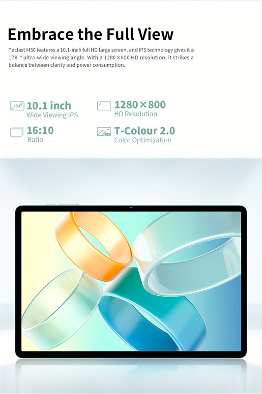 Teclast M50 Tablet with 6GB for RAM, 128GB ROM, and 1TB Expansion - Unisoc T606 8-Core CPU, Mali-G57 GPU, 10.1-inch TDDI Display, LTE Dual SIM Support, for Android 14, 6000mAh Battery, Wi-Fi, 5MP 13MP Cameras, Tablet PC