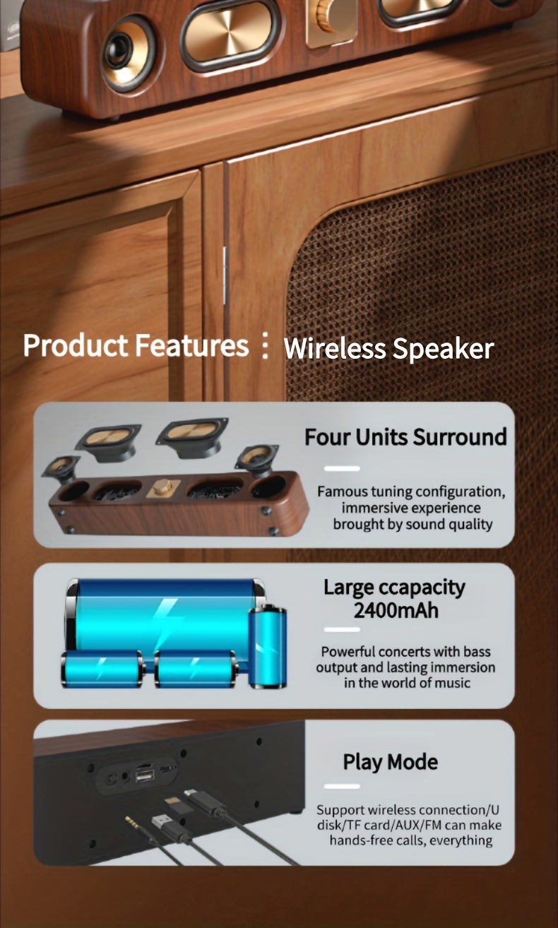 Portable Wireless Speaker with Enhanced Bass - Wireless, Dual Speakers, Rechargeable Battery, Ideal for Parties & Gifts, Wood Grain Design