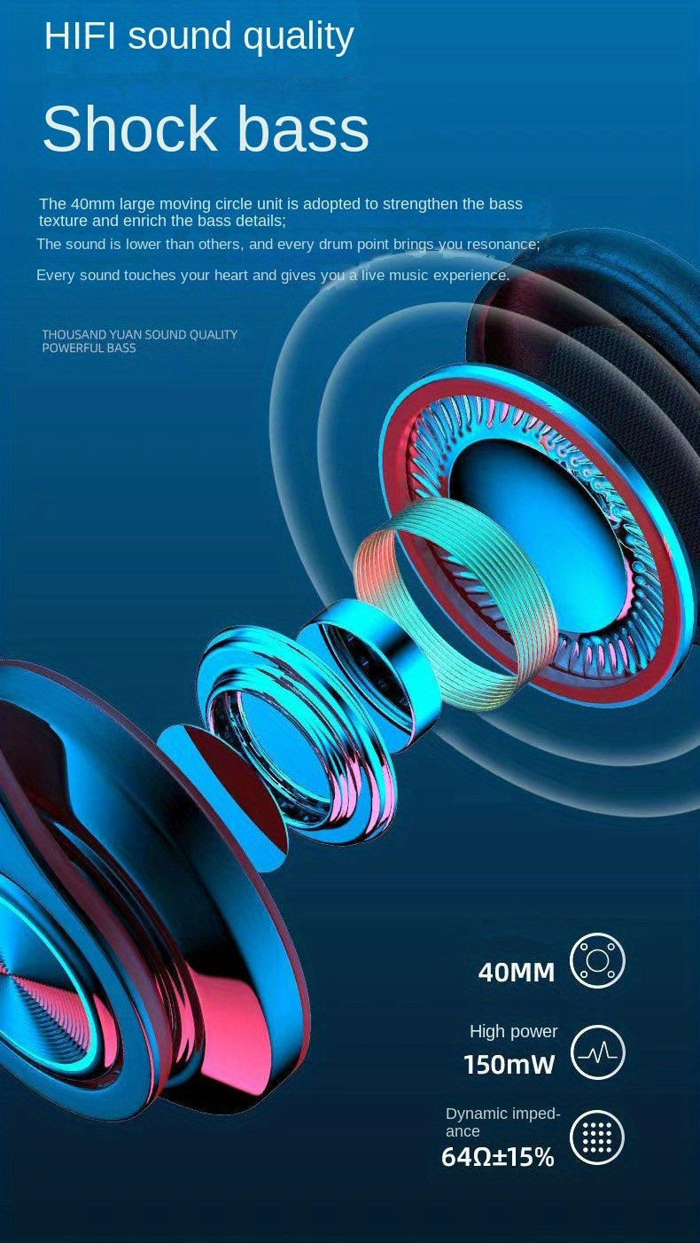 B39 Light Emitting Wireless Headphones - Colorful LED Lights, Comfort Over Ear, Foldable, Built-in Microphone, FM, SD Card Slot - Wired - For School, Tablet, PC, TV, Cellphones - Perfect Gift for Birthday, Easter, Boy/Girlfriends