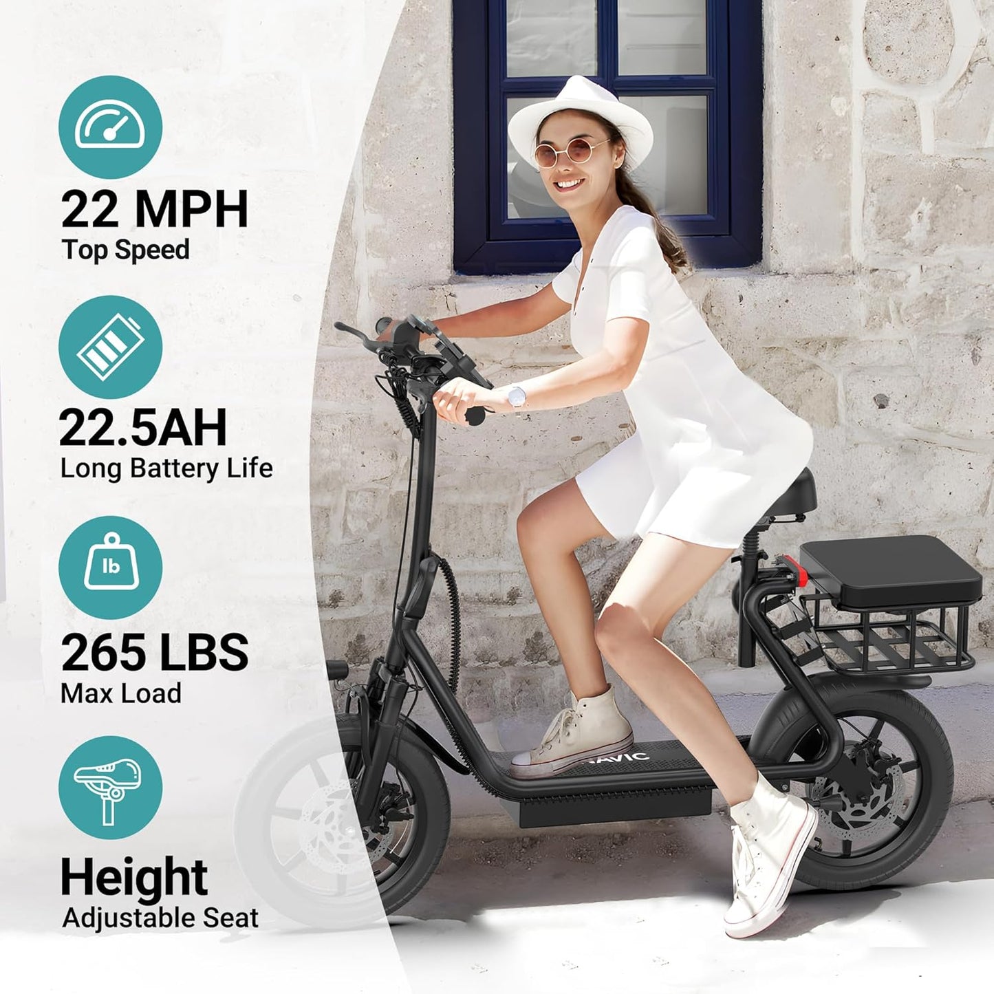 NAVIC Electric Scooter Adults,Electric Scooter with Seat,Max 27/49 Miles Ranges,Top Speed 22 mph,750W Peak Motor,Adult Electric Scooter for Pets,Cargo with Back Basket,Scooter Lock