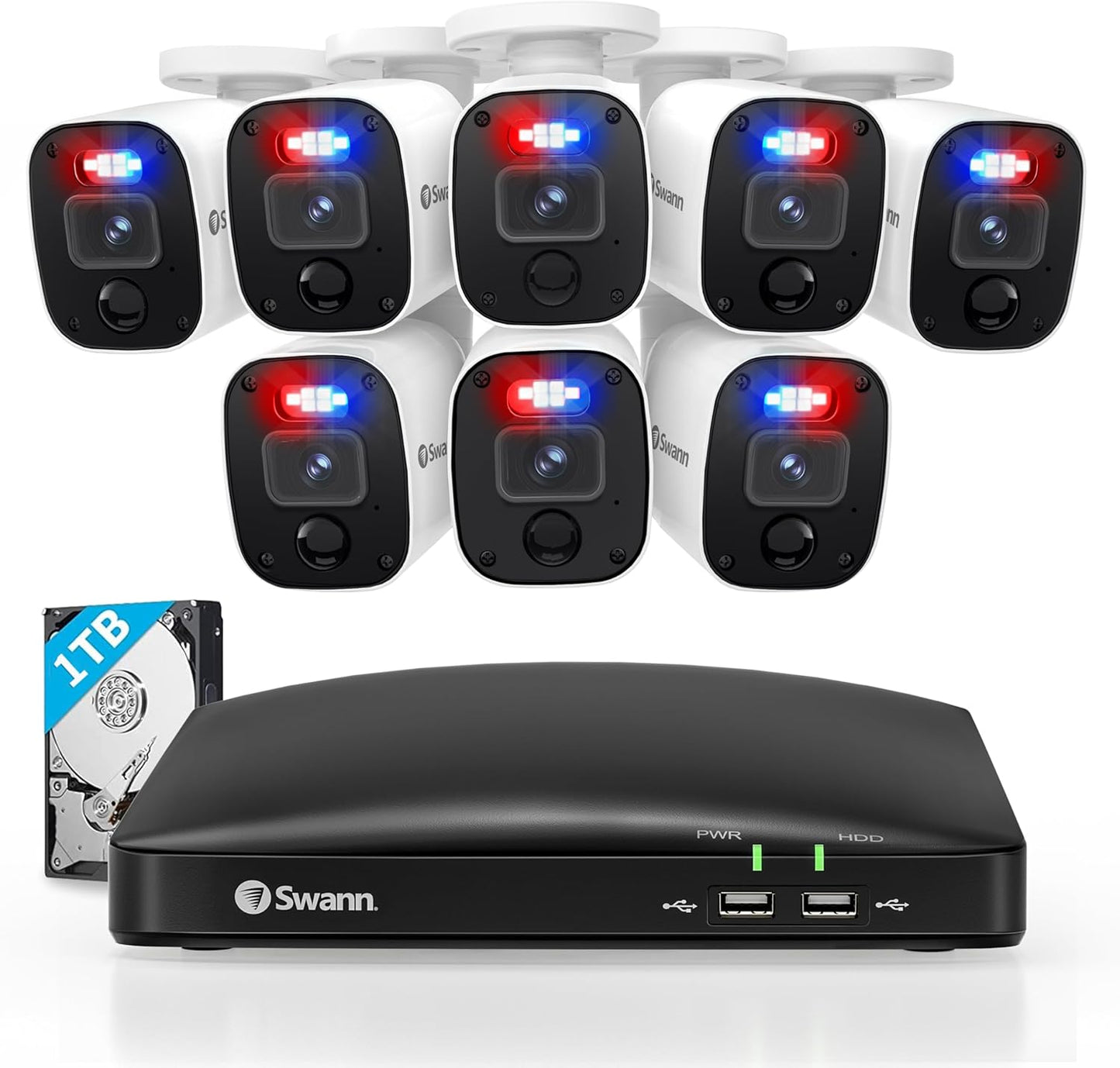 Swann 4K Security Camera System DVR with 2TB HDD, 8 Channel 8 Cam, Indoor Outdoor Wired 8MP Home Surveillance Bullet Cameras, Color Night Vision, 24/7,Heat Motion Detection, LEDs, Sirens and Mic