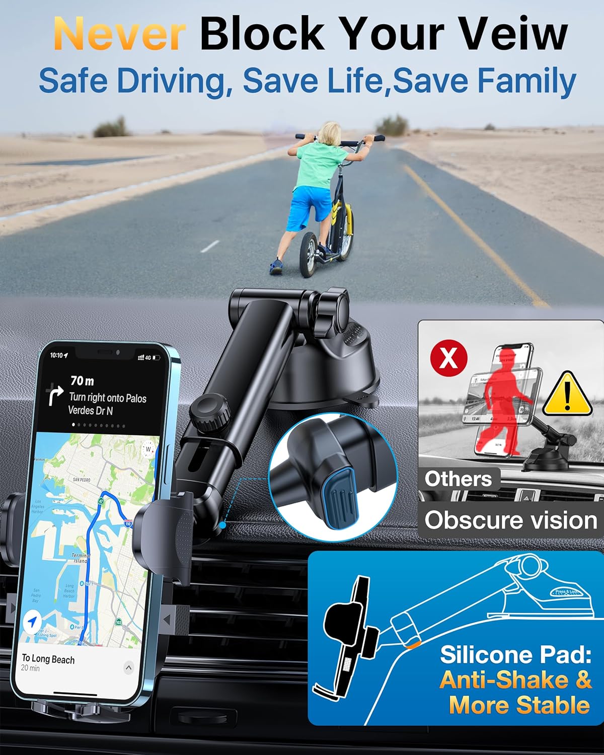 [2024 Upgrade 80LBS Strong Suction]YRU Car Phone Holder Mount,[Bumpy Road Stable]Dashboard Cell Phone Holder for Car Air Vent Windshield Phone Stand for iPhone 15 14 13 12 Pro Max Samsung Truck, Black
