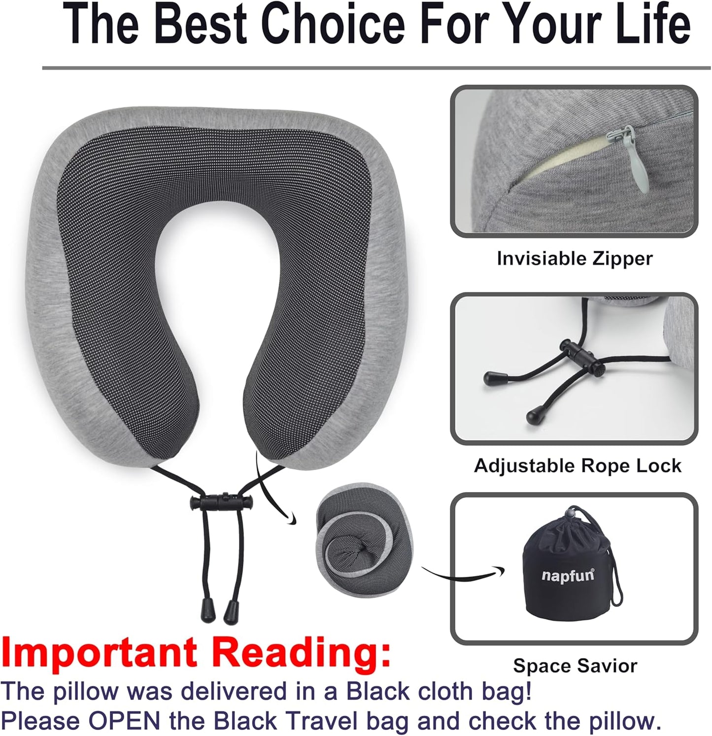 napfun Neck Pillow for Traveling, Upgraded Travel Neck Pillow for Airplane 100% Pure Memory Foam Travel Pillow for Flight Headrest Sleep, Portable Plane Accessories, Striped Black
