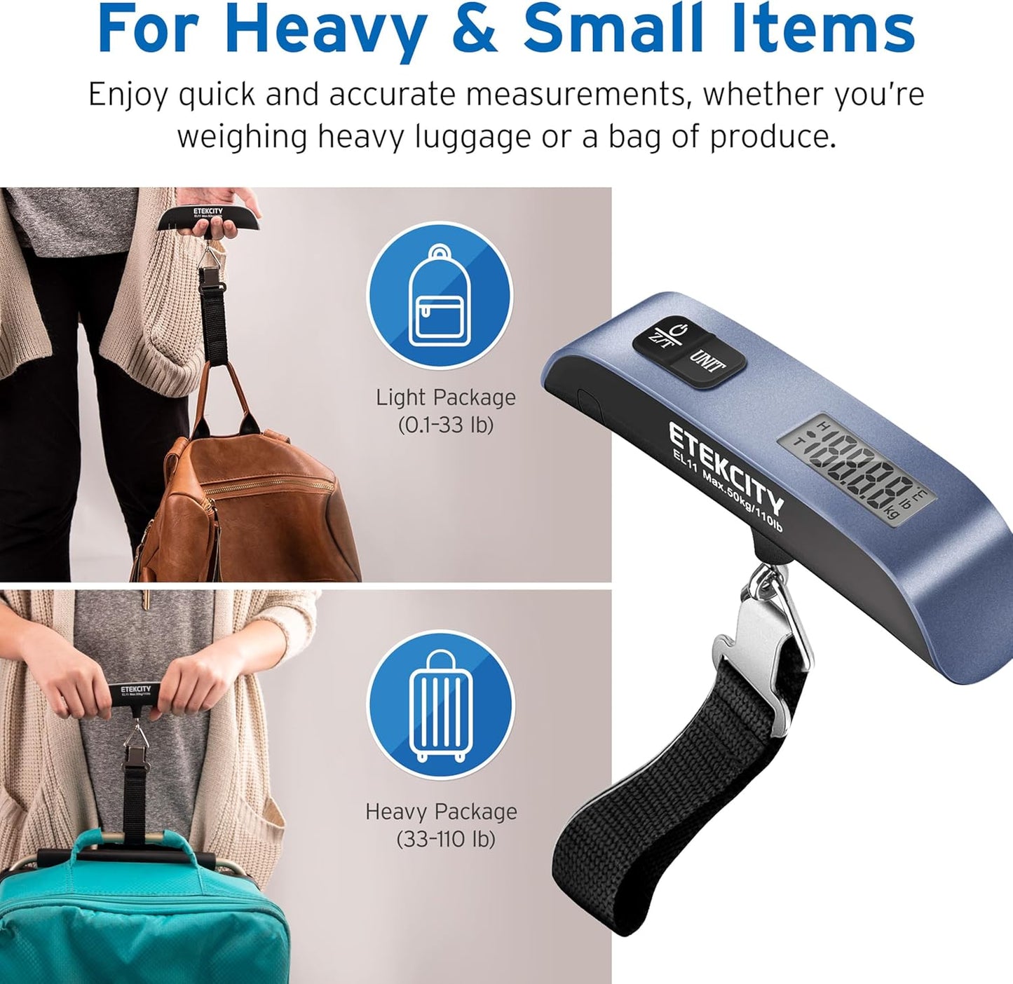 Etekcity Luggage Scale for Travel Essentials, Digital Suitcase Weight Scale with Hook, Portable Hanging Baggage Scale for Travel Accessories, 110 Pounds, Battery Included