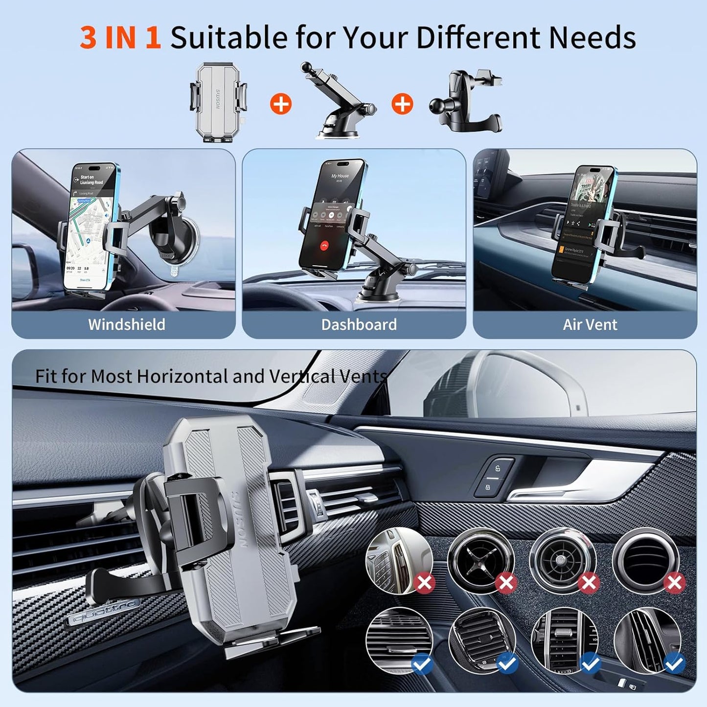 SUUSON Upgraded 3-in-1 Car Phone Holder Mount [Powerful Suction] Phone Mount for Car Dashboard Air Vent Windshield,for All iPhone Android Phone (Black)