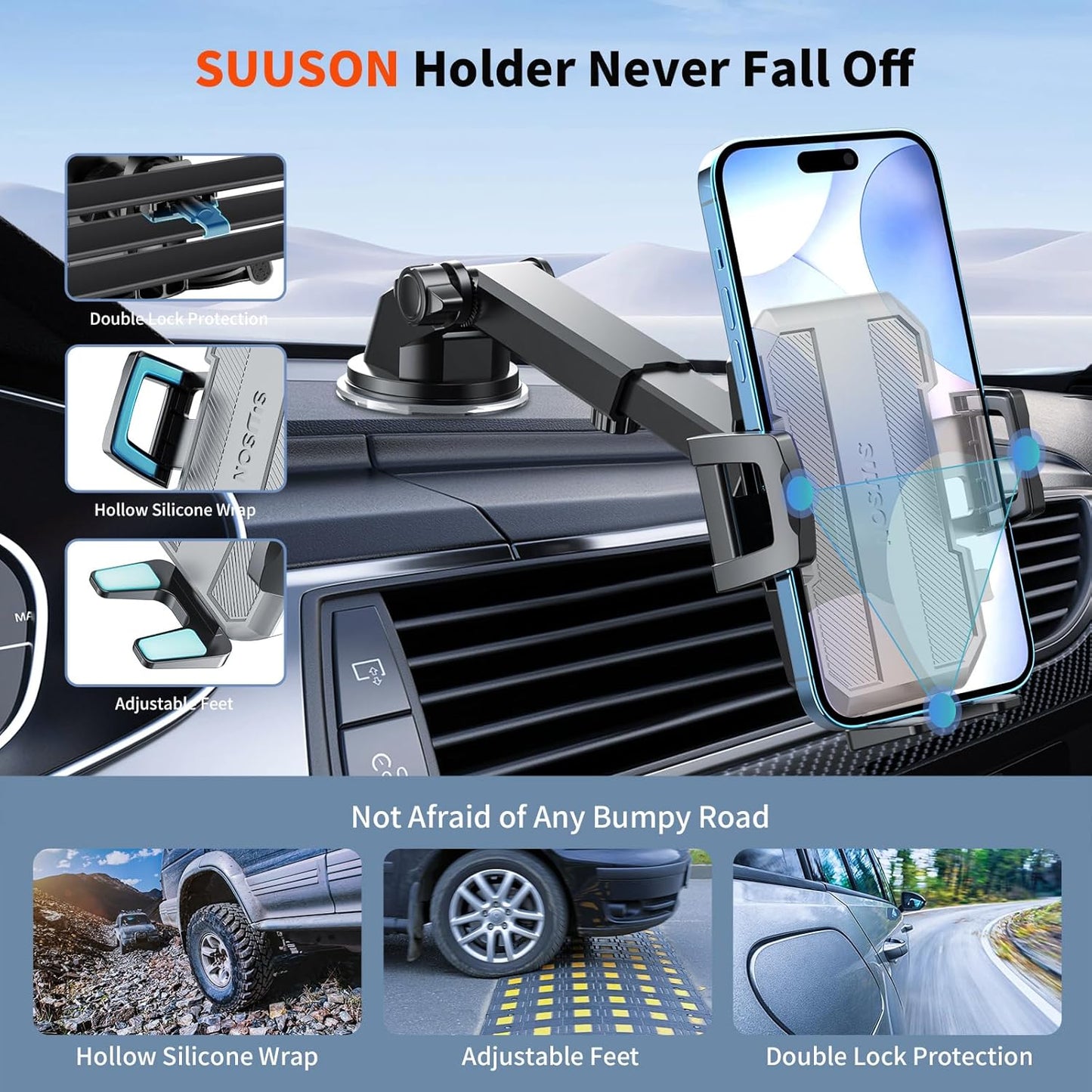 SUUSON Upgraded 3-in-1 Car Phone Holder Mount [Powerful Suction] Phone Mount for Car Dashboard Air Vent Windshield,for All iPhone Android Phone (Black)