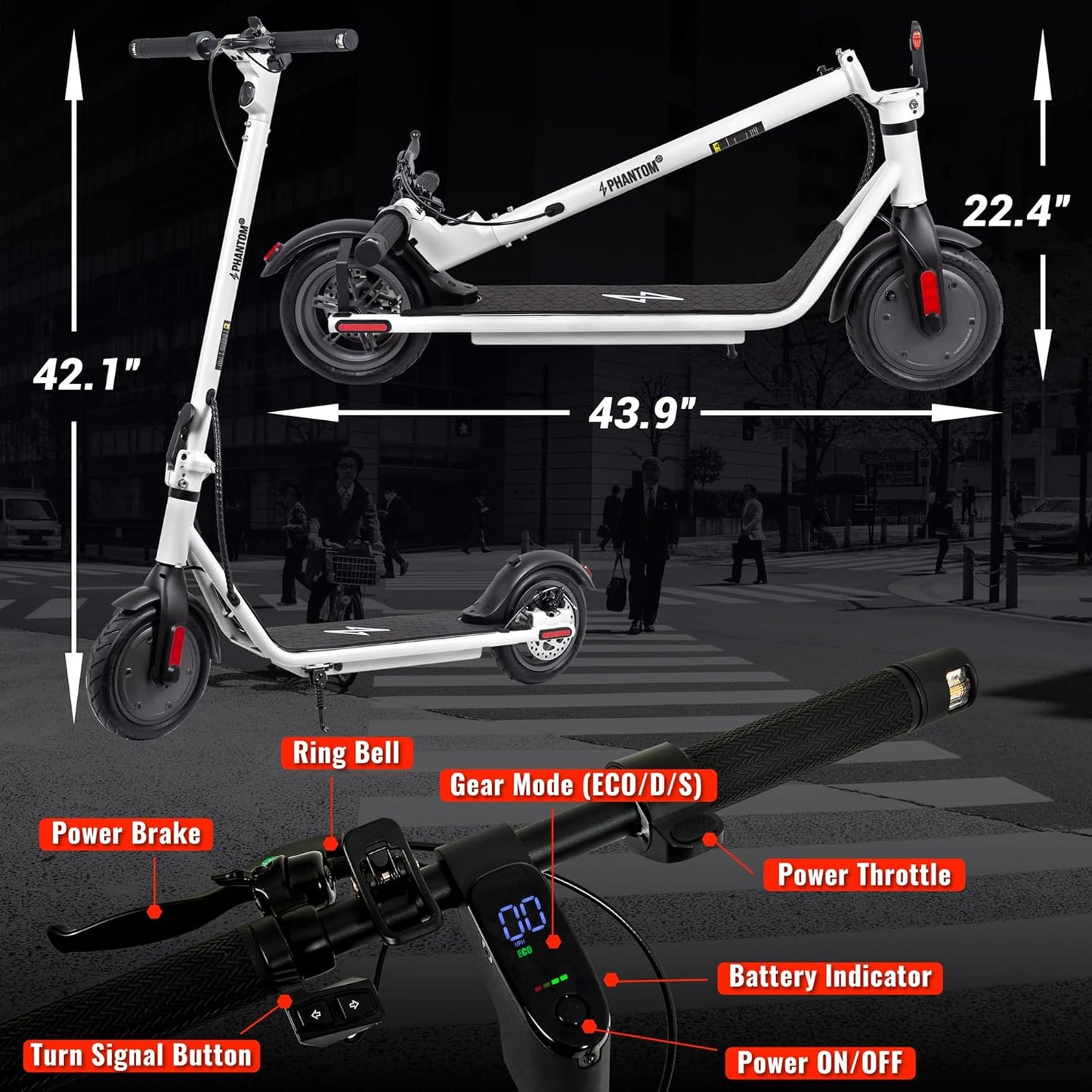 Phantomgogo Electric Scooter for Adults Scooter Foldable E-Scooter with Powerful Motor 15.5 Mph, Intelligent Light, Eco-Friendly, Perfect for Adult Commuters