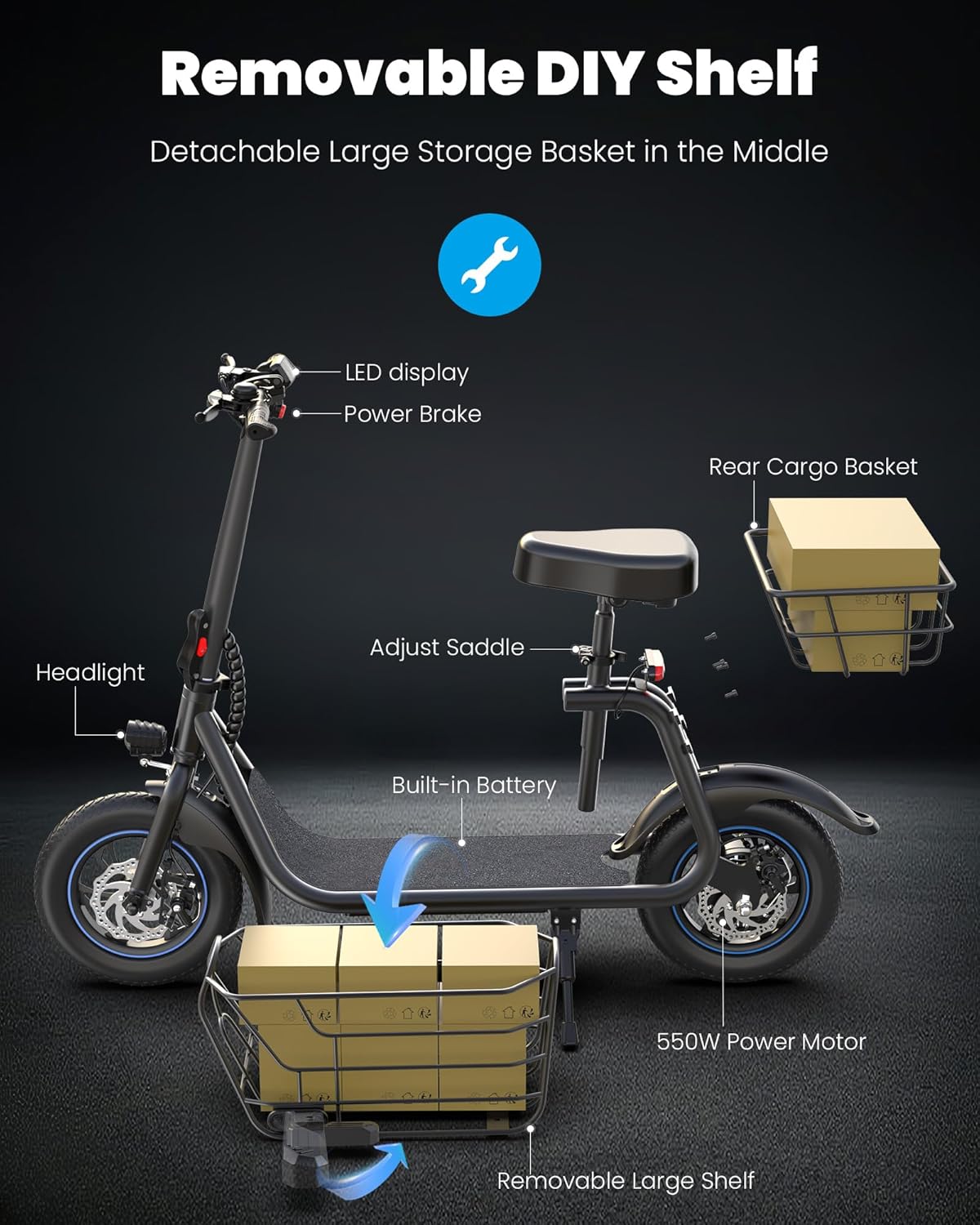 Gyroor Adults Electric Scooter with Large Middle Basket, 550W Motor 18.6 MPH 20 Mile Distance, Foldable E-Scooter with seat for Pets &amp; Cargo