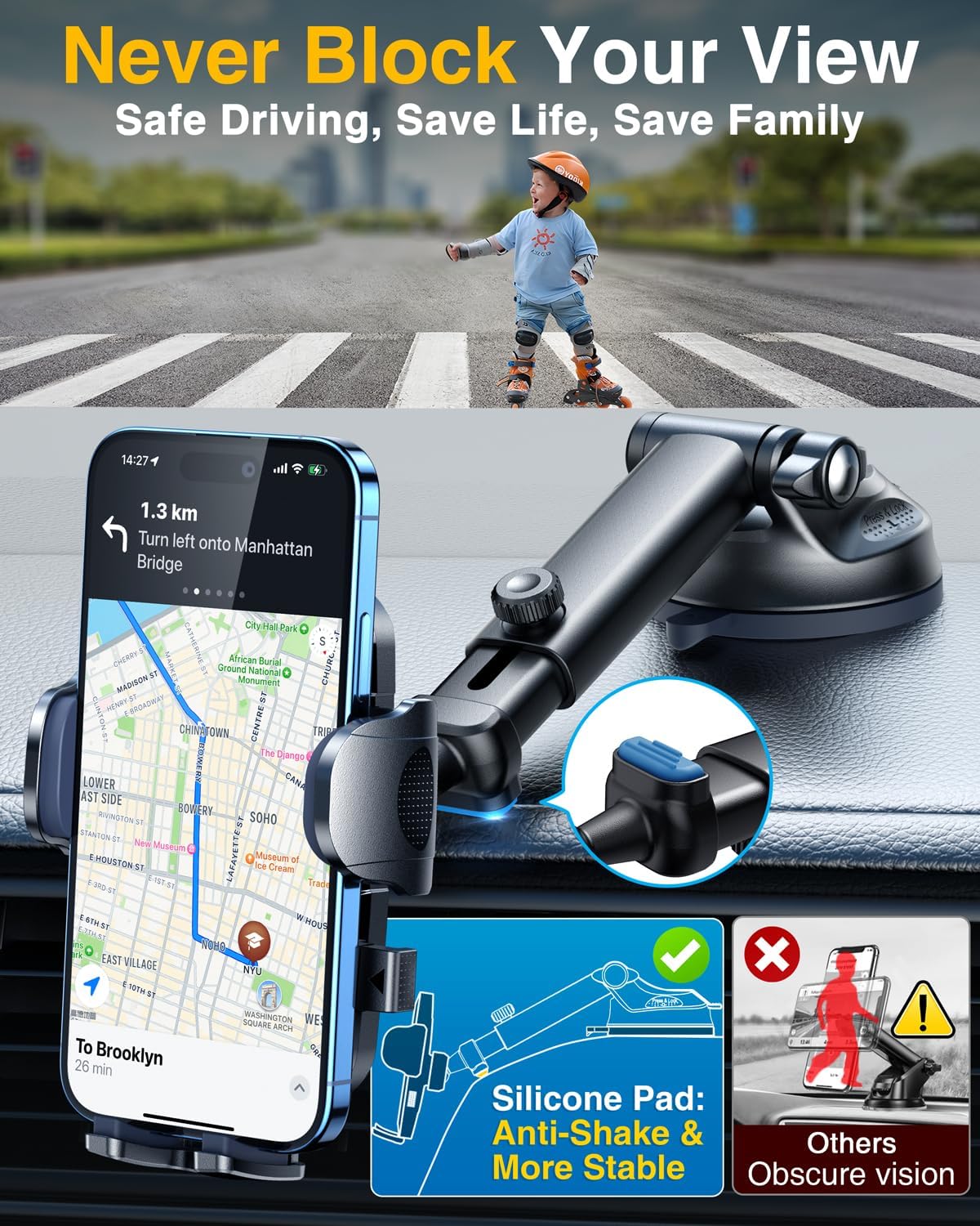 [2024 Upgrade 80LBS Strong Suction]YRU Car Phone Holder Mount,[Bumpy Road Stable]Dashboard Cell Phone Holder for Car Air Vent Windshield Phone Stand for iPhone 15 14 13 12 Pro Max Samsung Truck, Black