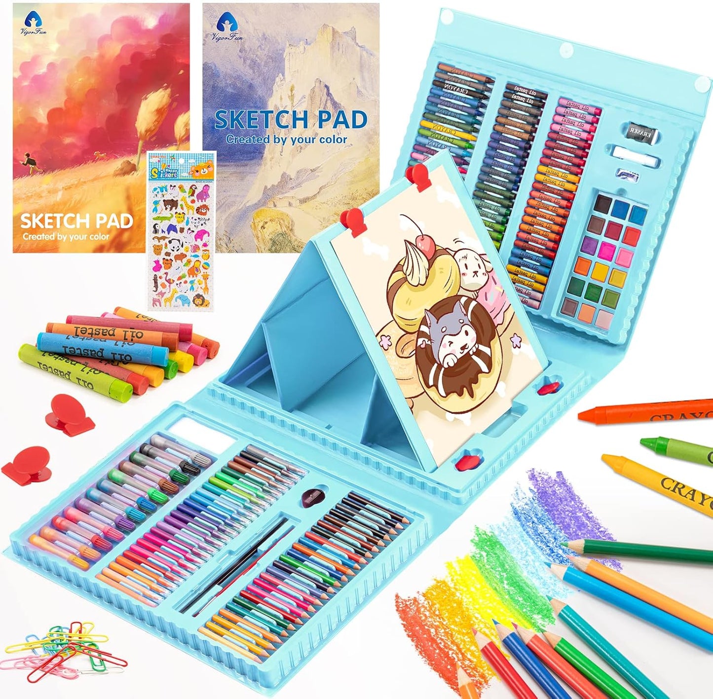 Art Supplies, 240-Piece Art Set Crafts Drawing Kits with Double Sided Trifold Easel, Includes Sketch Pads, Oil Pastels, Crayons, Colored Pencils, Gifts for Girls Boys Teen Ages 4-6-8-9-12 (Black)