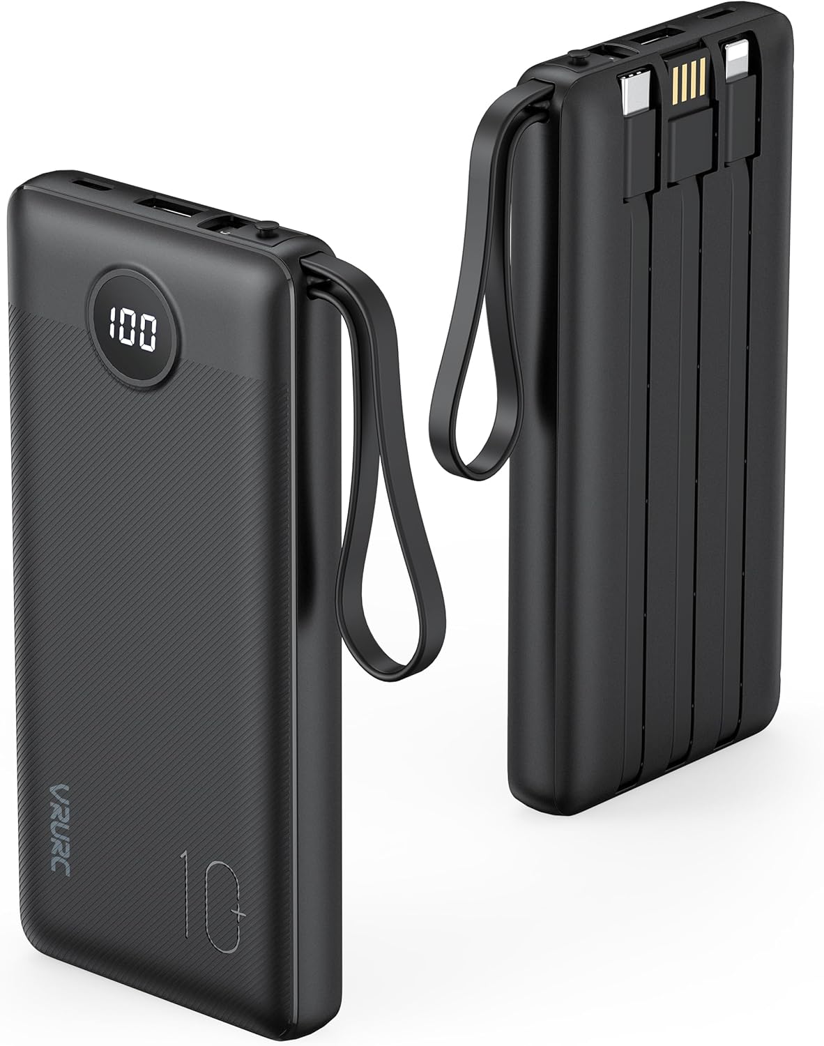 VRURC 10000mAh Power Bank Built-in Cables, Portable Charger with LED Display, Slim Travel Battery Pack with Cords, 5 Output Dual Input Phone Charger for Cell Phone Smart Devcies-Blue(1 Pack)