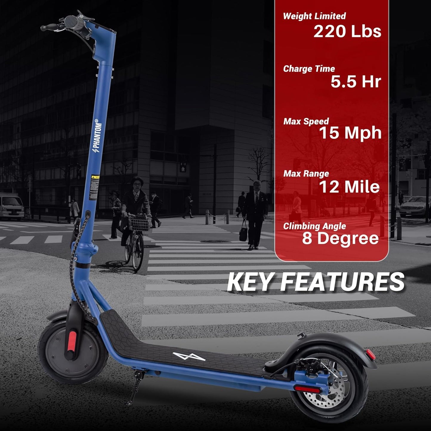 Phantomgogo Electric Scooter for Adults Scooter Foldable E-Scooter with Powerful Motor 15.5 Mph, Intelligent Light, Eco-Friendly, Perfect for Adult Commuters
